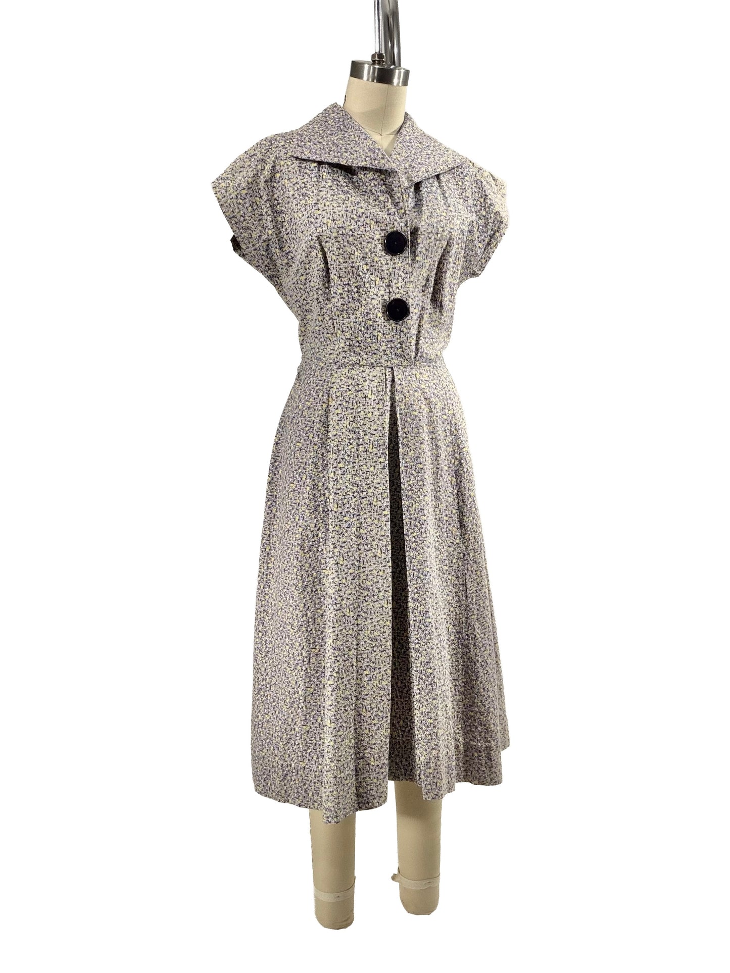 1950s Purple Yellow Print Cotton Big Button Cotton Day Dress