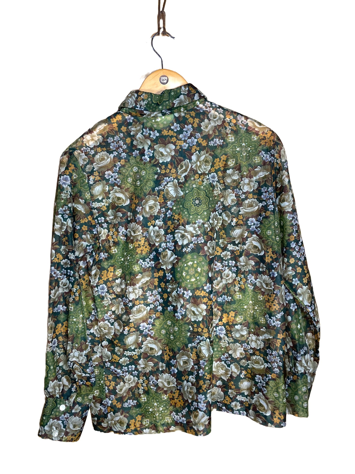 1970s Green Earth Tones Floral Sheer Collared Blouse