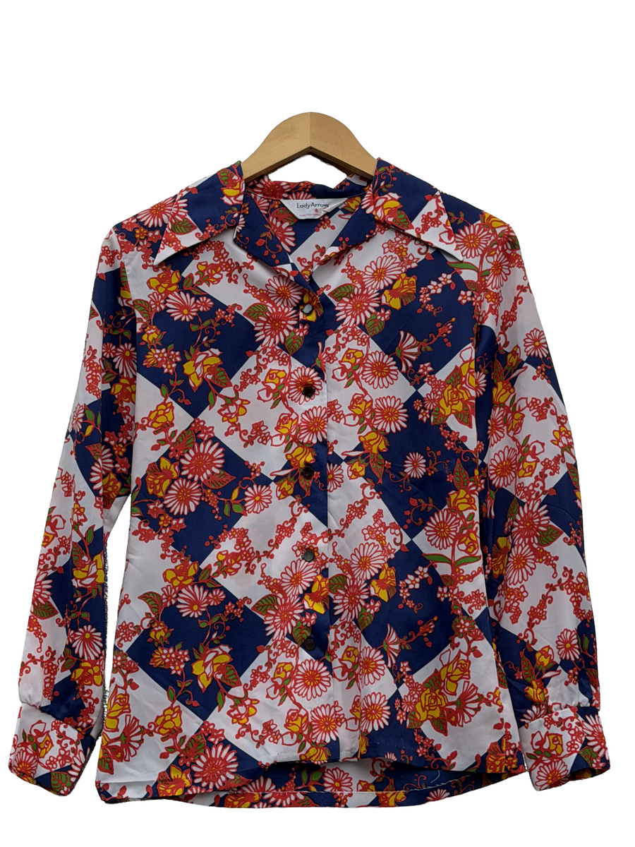 1970s Red Yellow Blue Floral Nylon Blouse