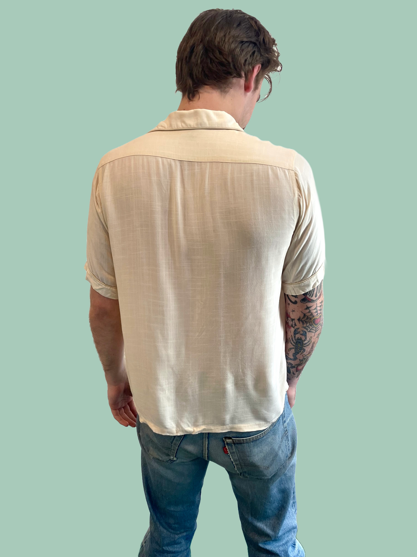 1950s Cream Rayon Loop Collar Equine Emblem Shirt
