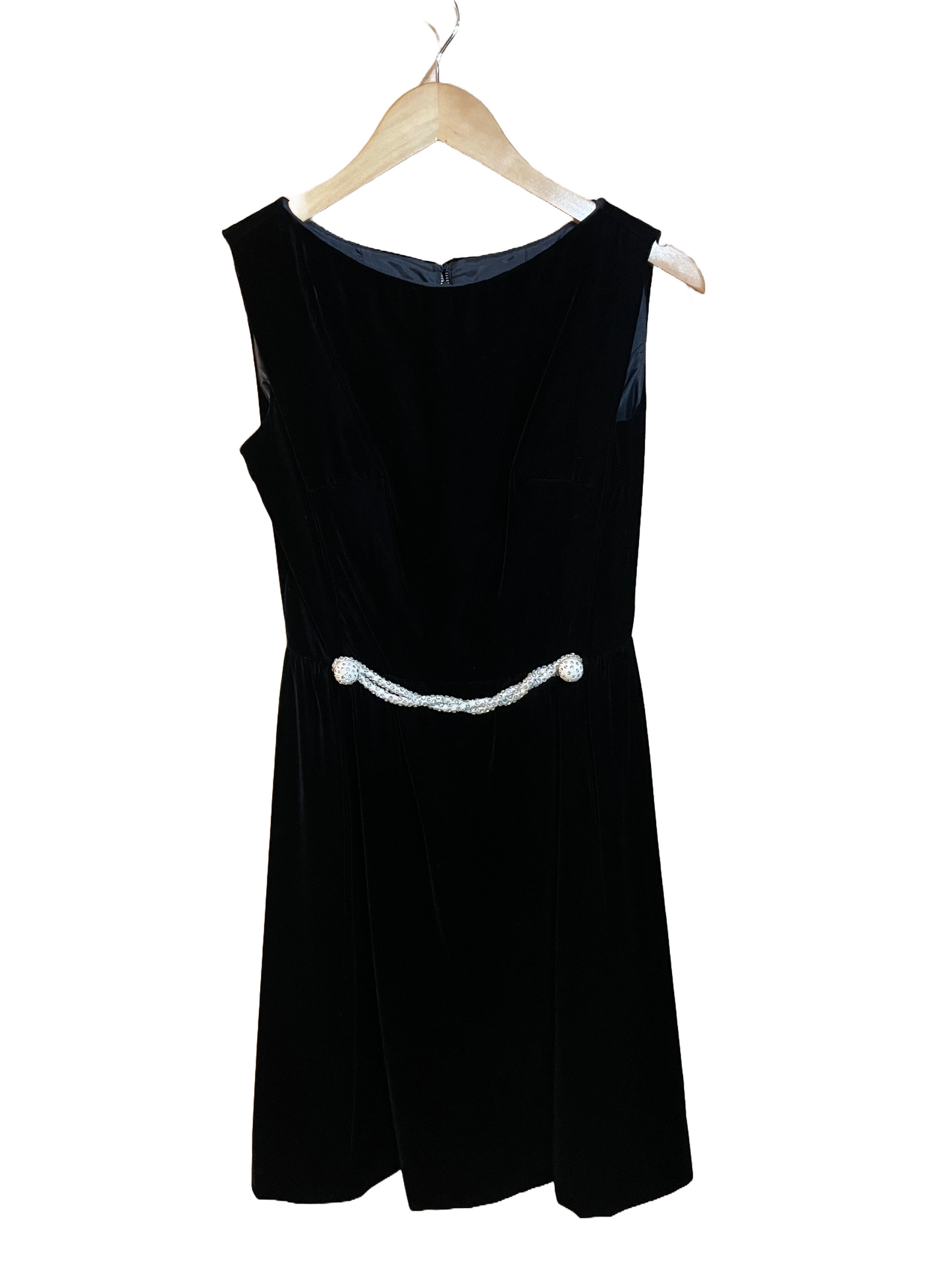 1960s Black Velvet White Rhinestone Belt Detail Mod Party Dress