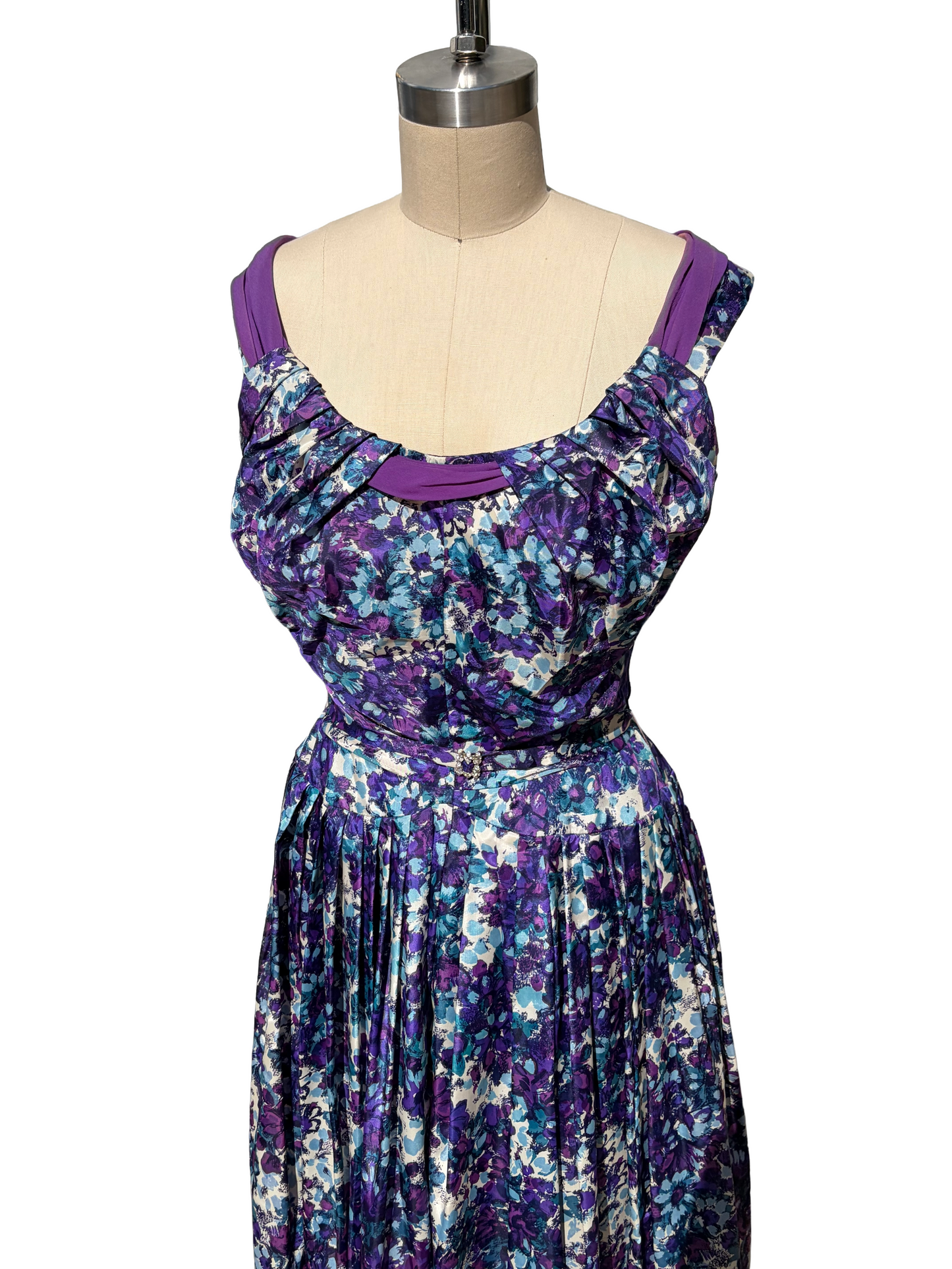 1950s Purple Blue White Floral Sash Collar Rhinestone Belt Party Dress