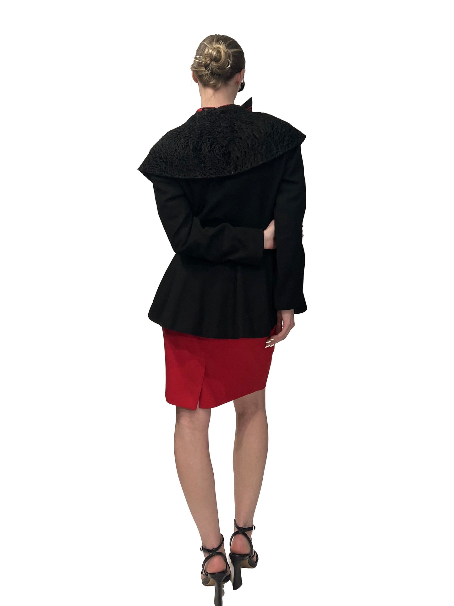 1950s Black Wool Felt Wide Lambs Fur Collar Fit & Flare Coat