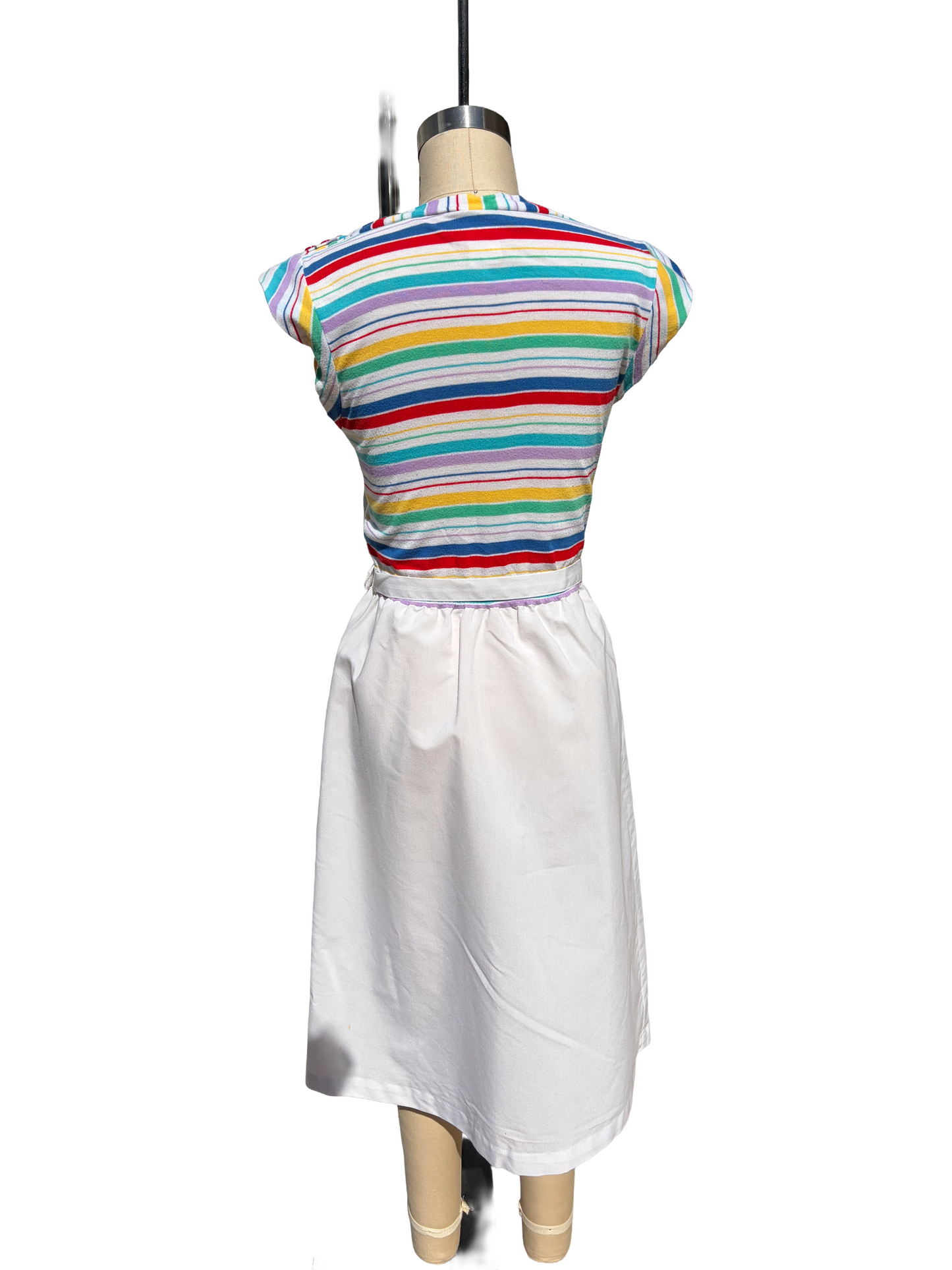 1970s White Rainbow Stripe Belted Cotton Summer Dress