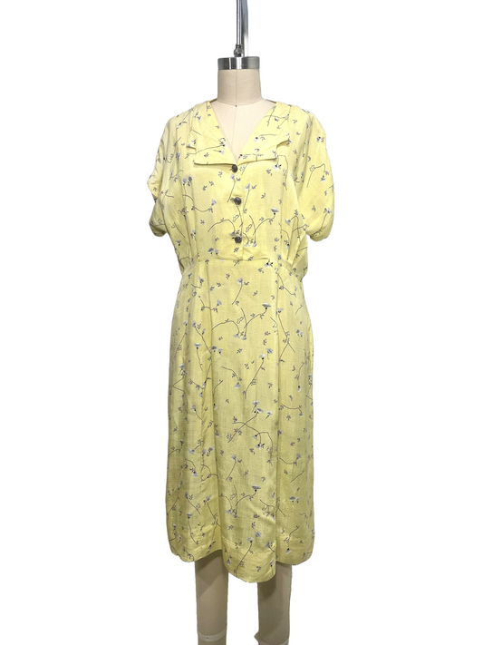 1930s Pale Yellow Twiggy Floral Cold Rayon House Dress