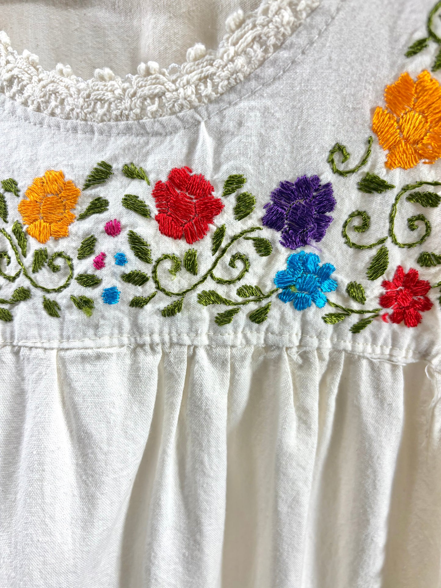 1970s White Gauzy Embroidered Smock Dress