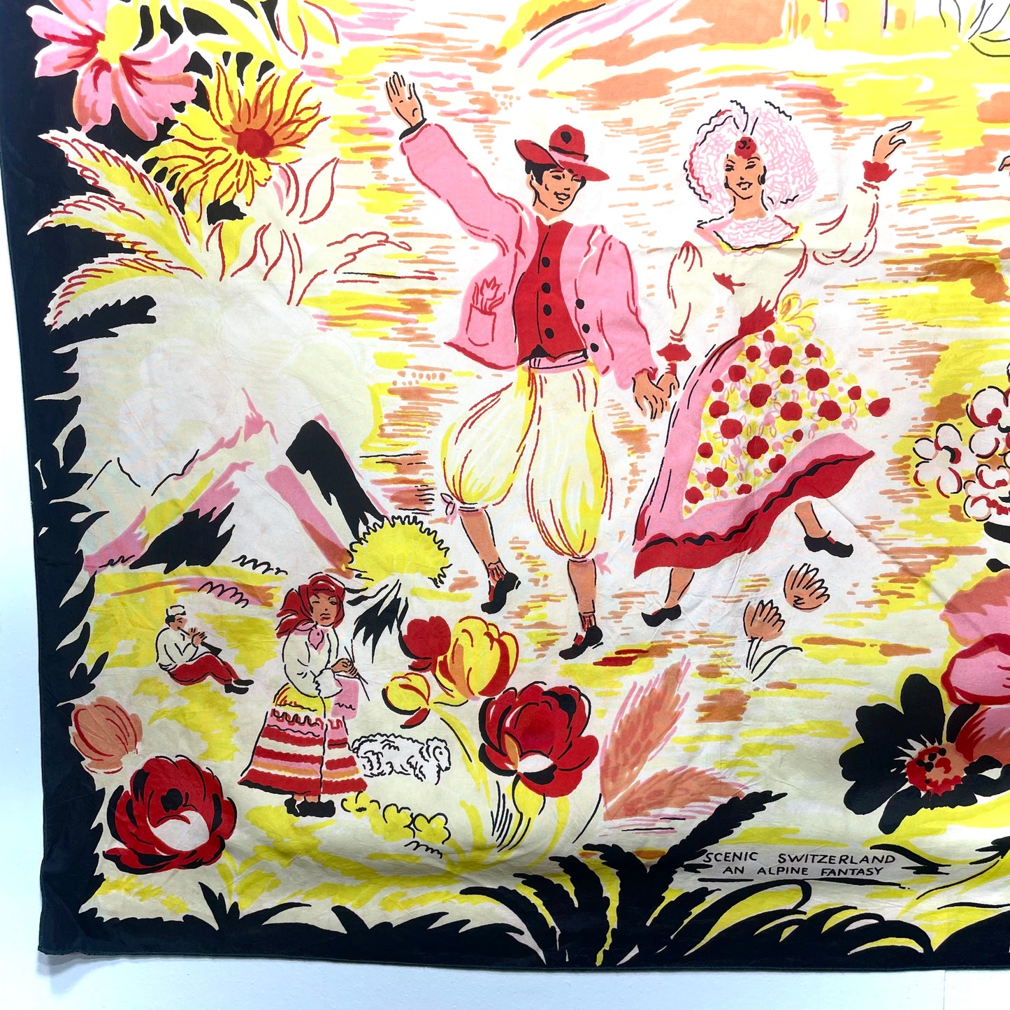 1950s Alpine Switzerland Fantasy Silk Souvenir Scarf