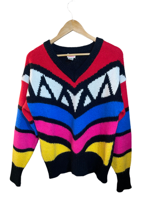 1980s Black Bold Colorblock Geo Chevron V-Neck Acrylic Sweater