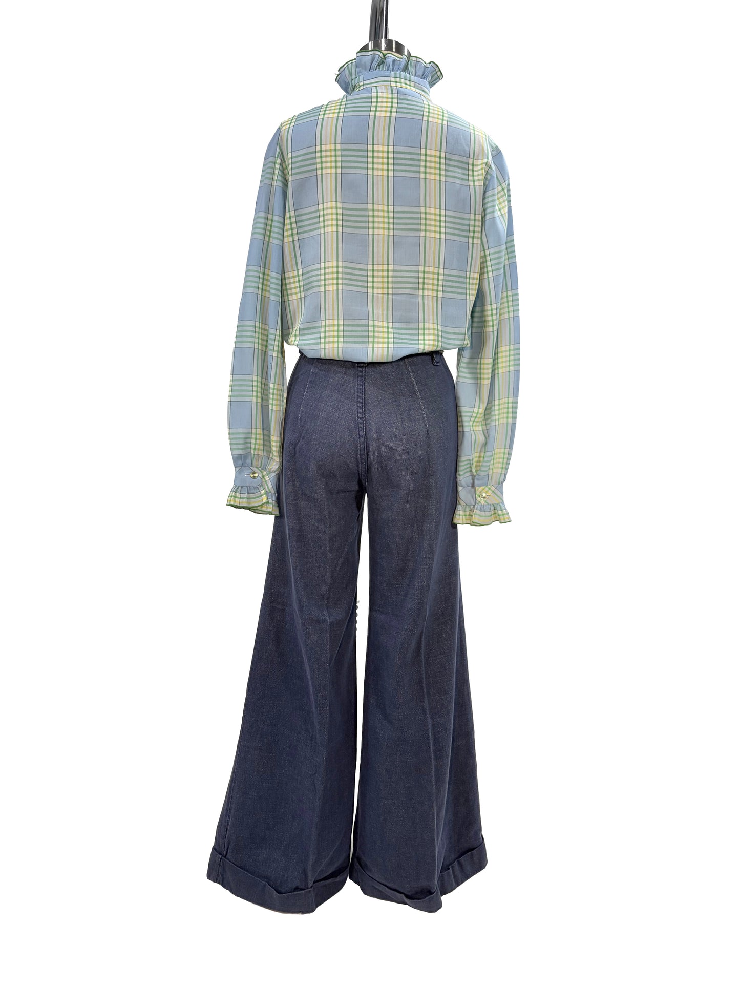 1970s Blue Green Plaid 'Sunday Times' Blouse