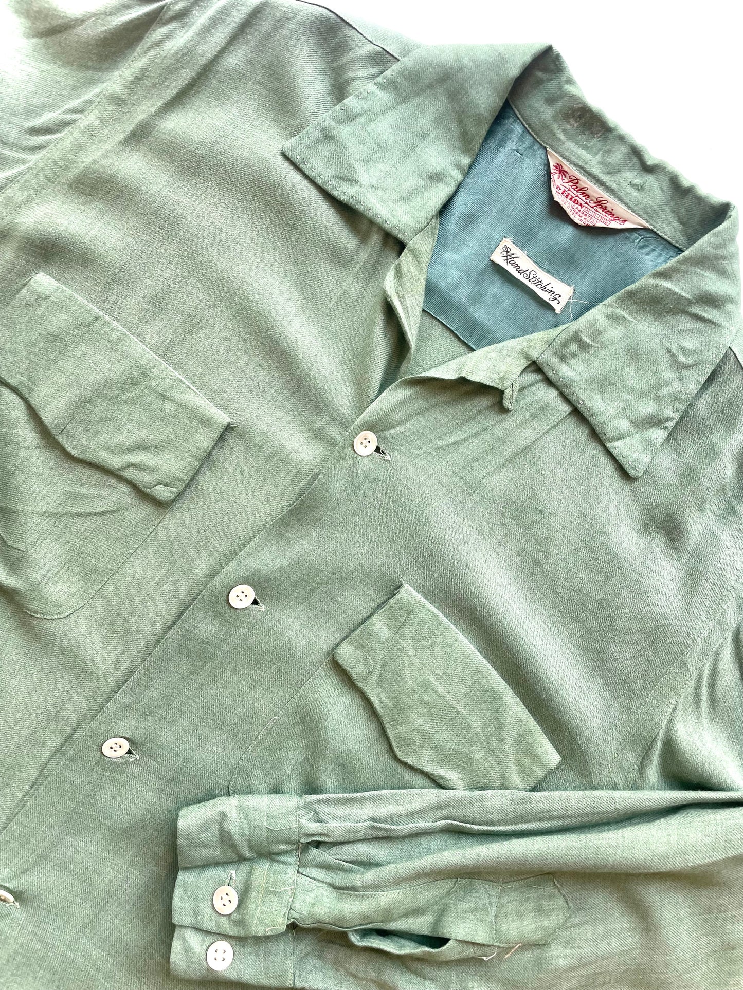 1950s XL Moss Green Gabardine Rayon Satin-Yoke Loop Collar Shirt
