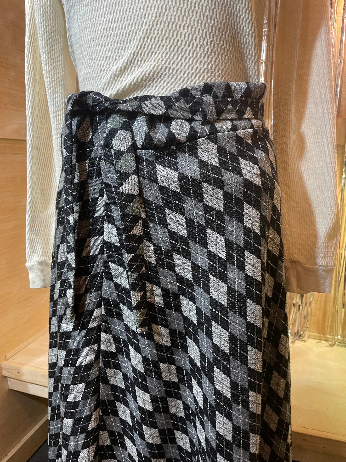 1970s Black Grey Silver Argyle Knit Tie Belt Maxi Skirt