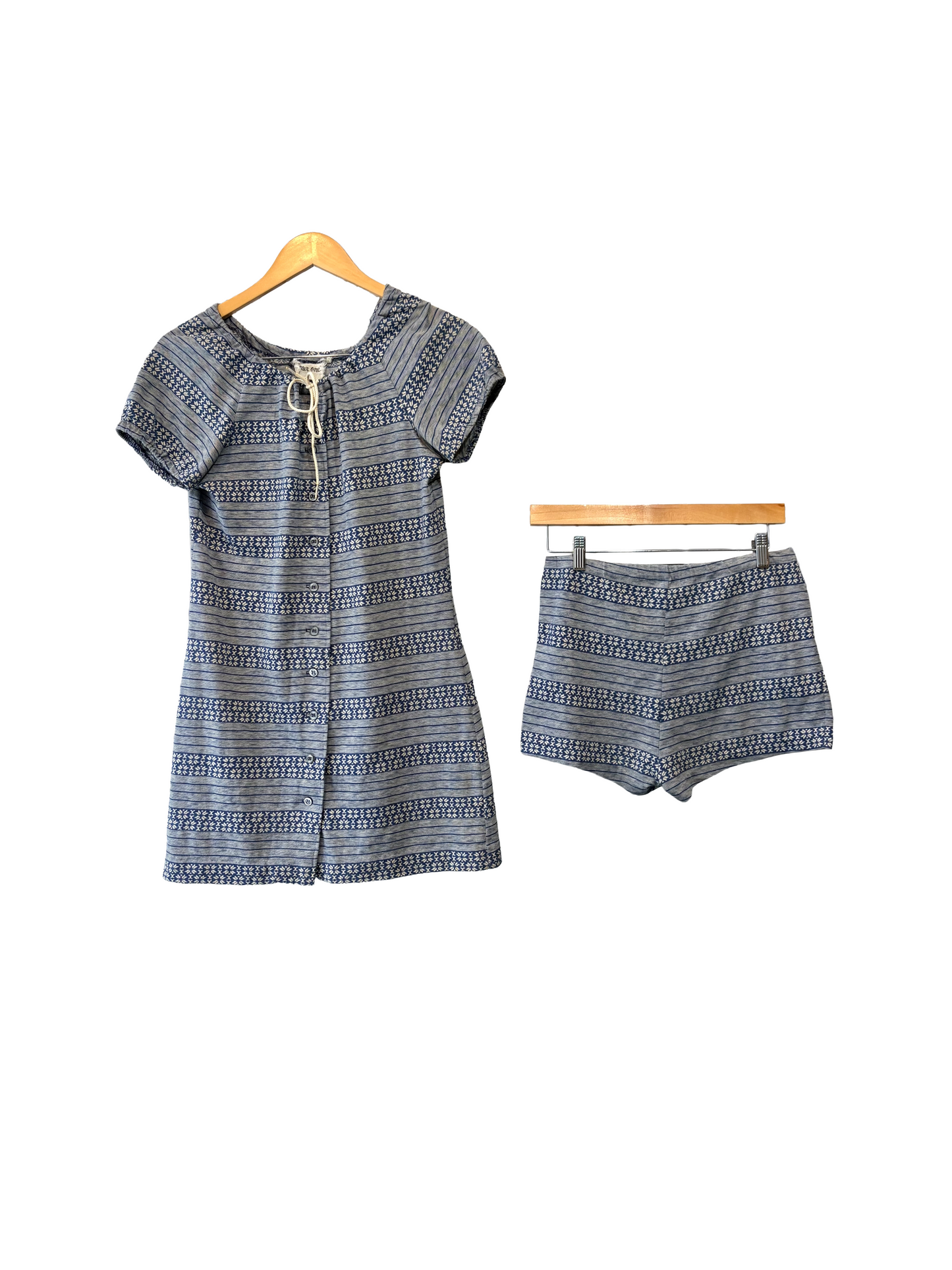 1960s Blue Grey Cotton Knit Hot Pants Tunic 2-Piece Set