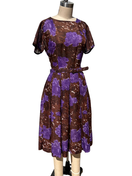 1950s Brown Purple Painterly Print L’Aiglon Bolero Day Dress