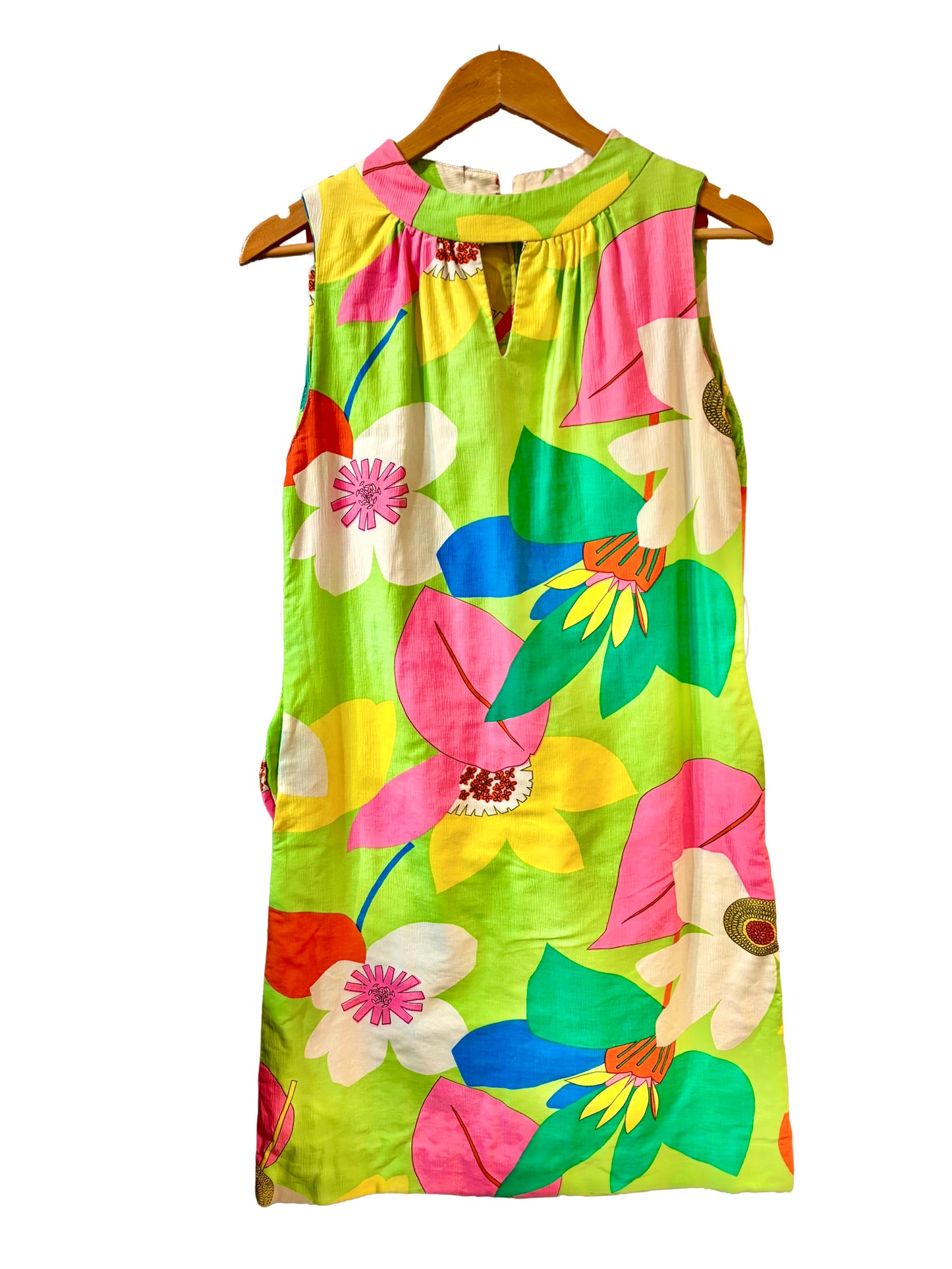 1970s Fluorescent Tropical Floral A-Line Shift Pocketed Dress