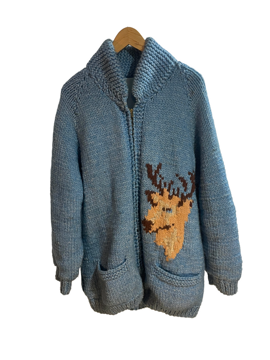 1960s Hand-Knit Wool Light Blue XL Buck Motif Zip Cowichan-Style Cardigan