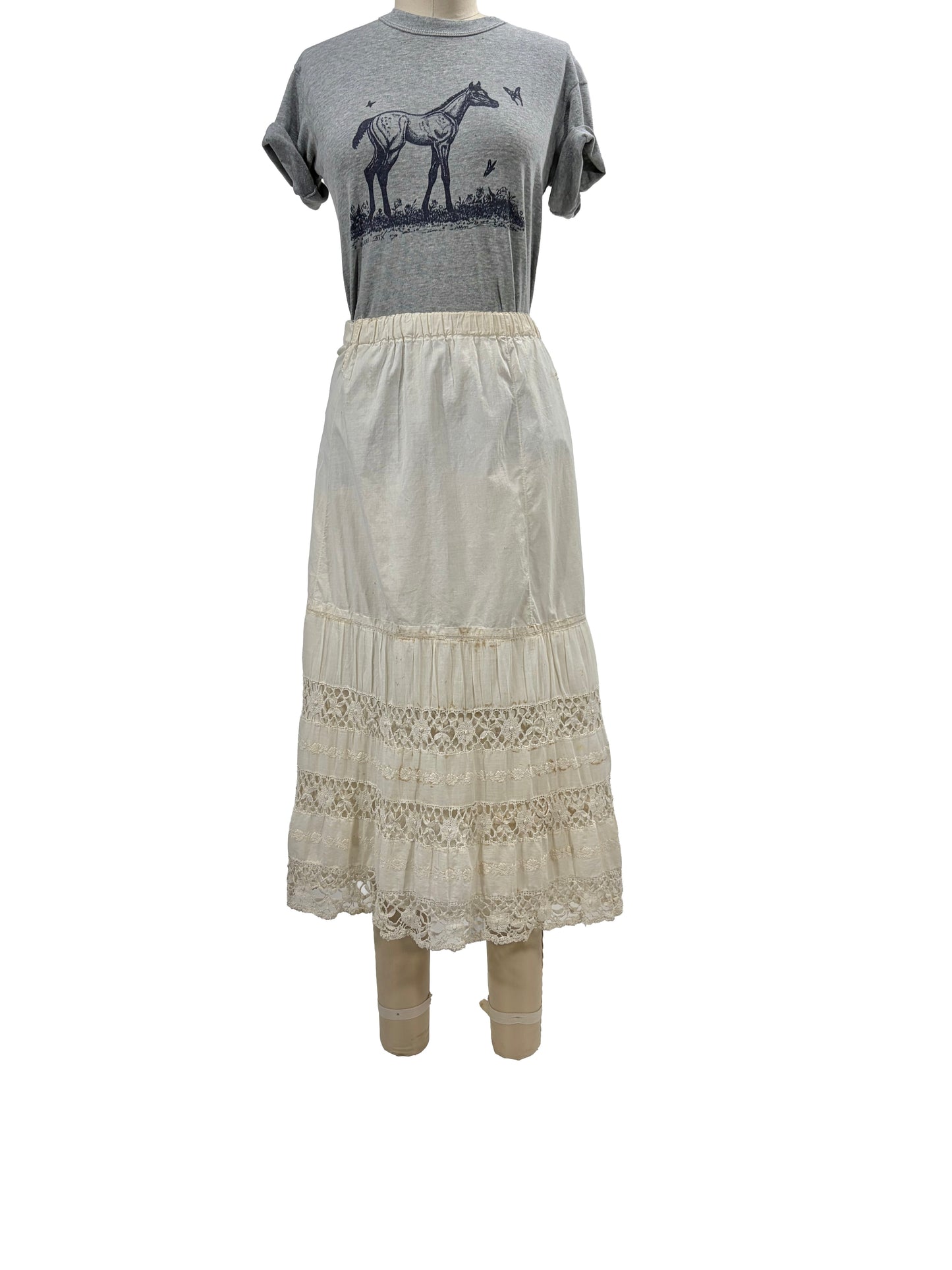 1910s White Cotton Crochet Petticoat (Altered Elastic Waist)