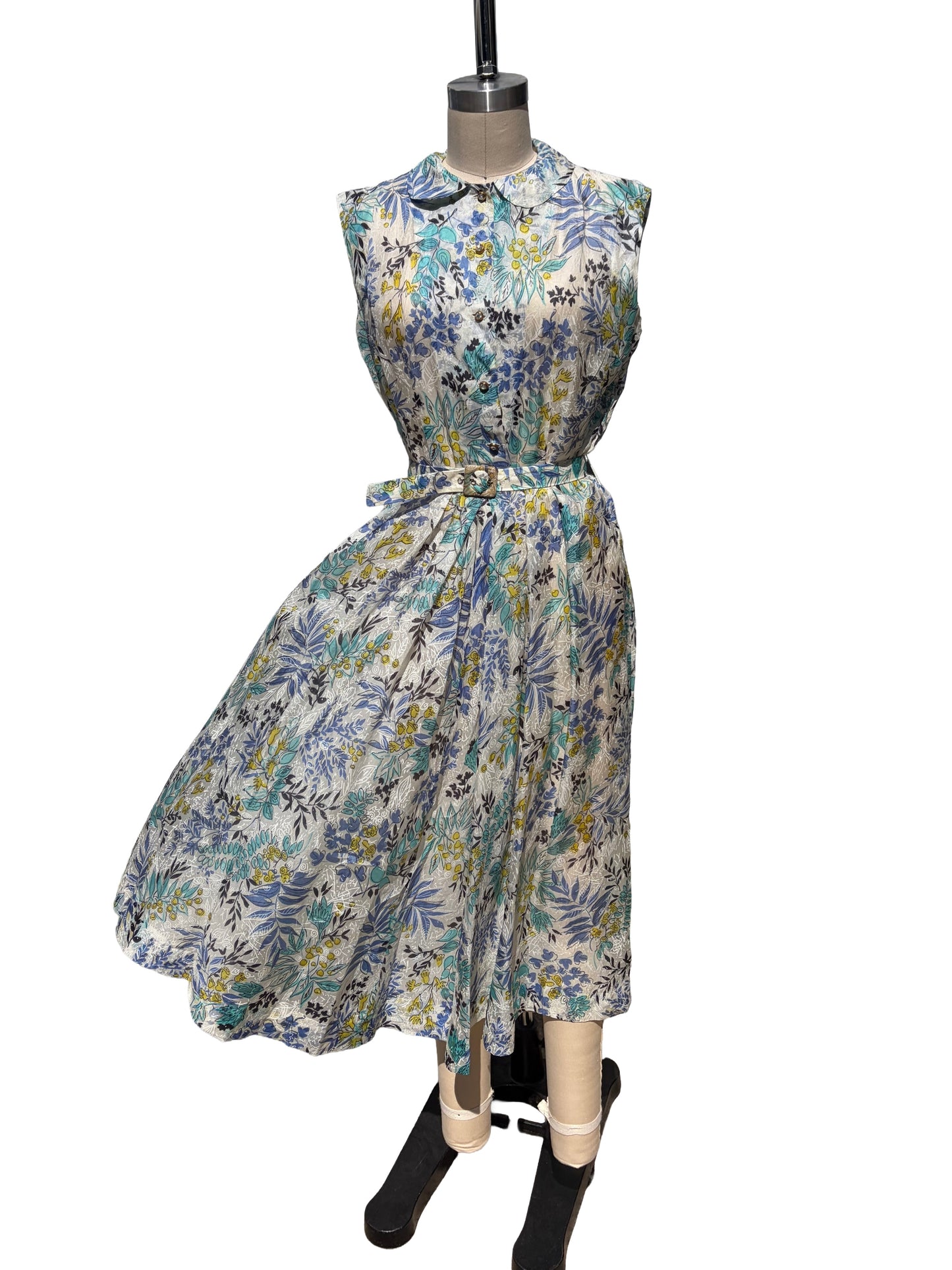 1950s Atomic Blue Leaves Rhinestone Sheer Garden Party Dress