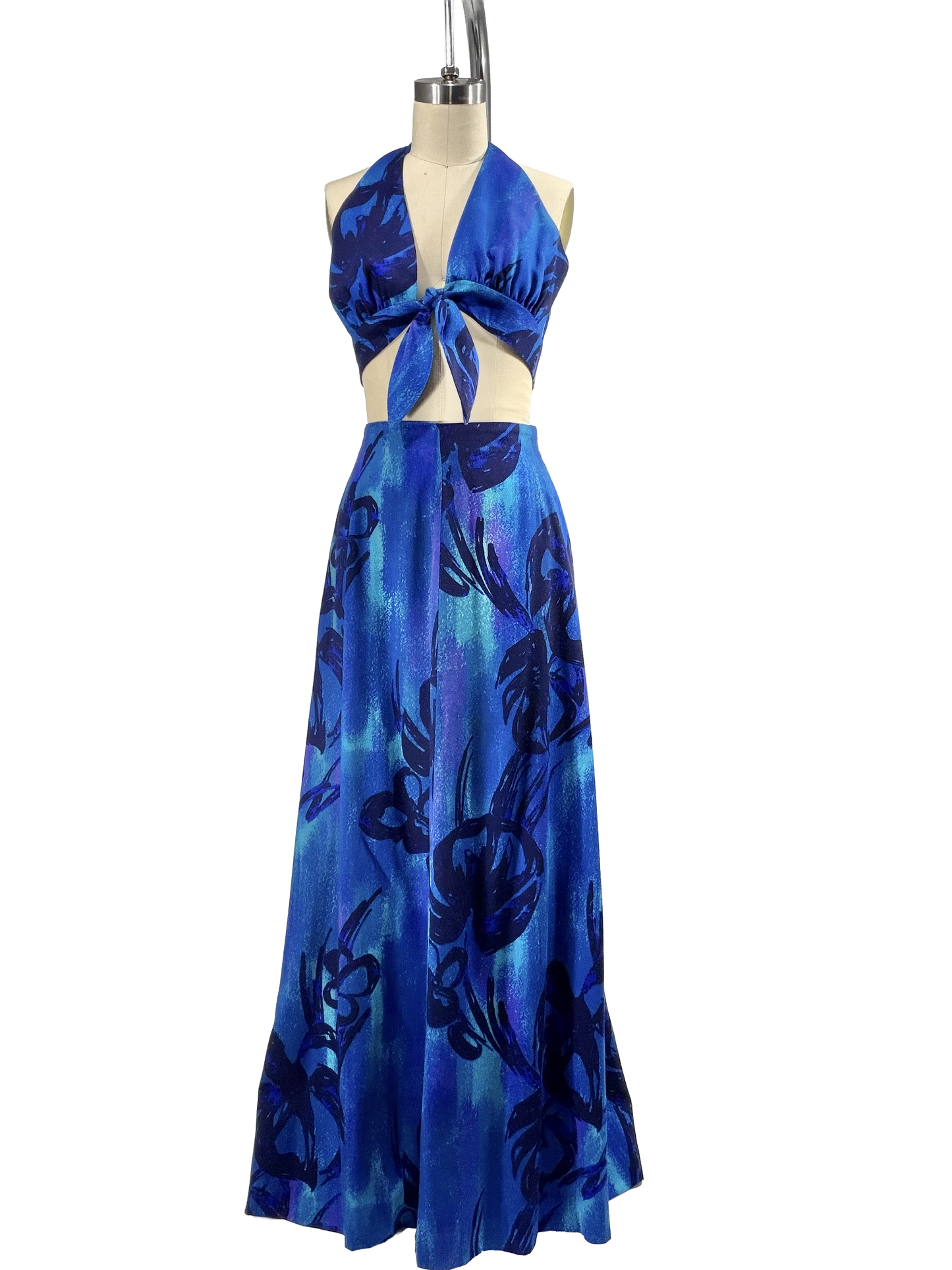 1970s Blue Purple Hawaiian Barkcloth Maxi Skirt Halter Top Set