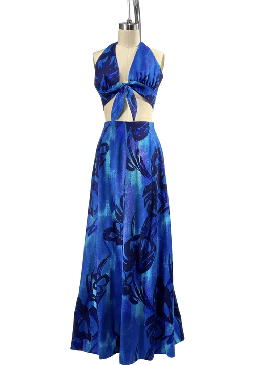 1970s Blue Purple Hawaiian Barkcloth Maxi Skirt Halter Top Set