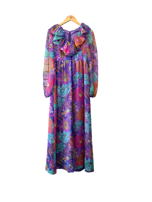 1970s Purple Bold Colorful Floral Ruffle Collar Maxi Gown