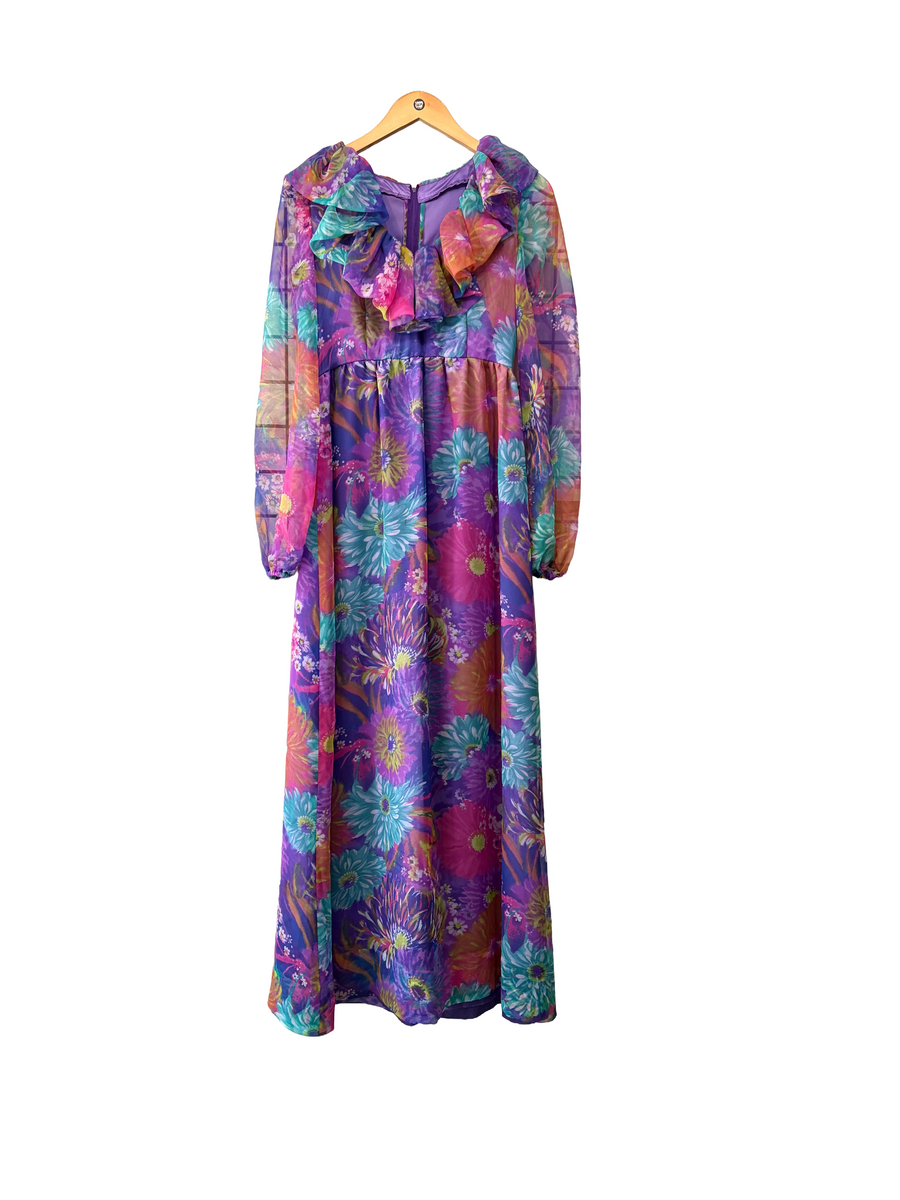 1970s Purple Bold Colorful Floral Ruffle Collar Maxi Gown