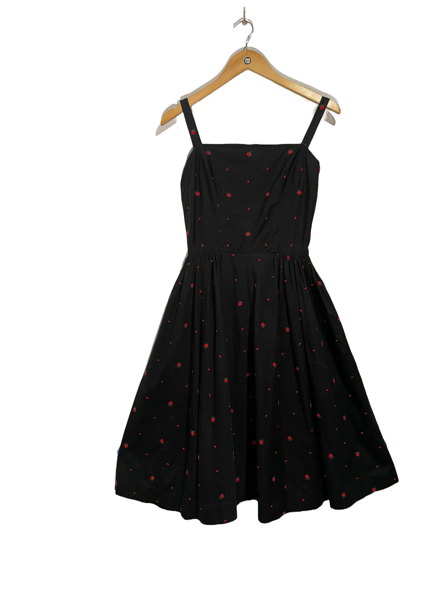 1970s Black Cotton Embroidered Rose Cotton Tank Dress