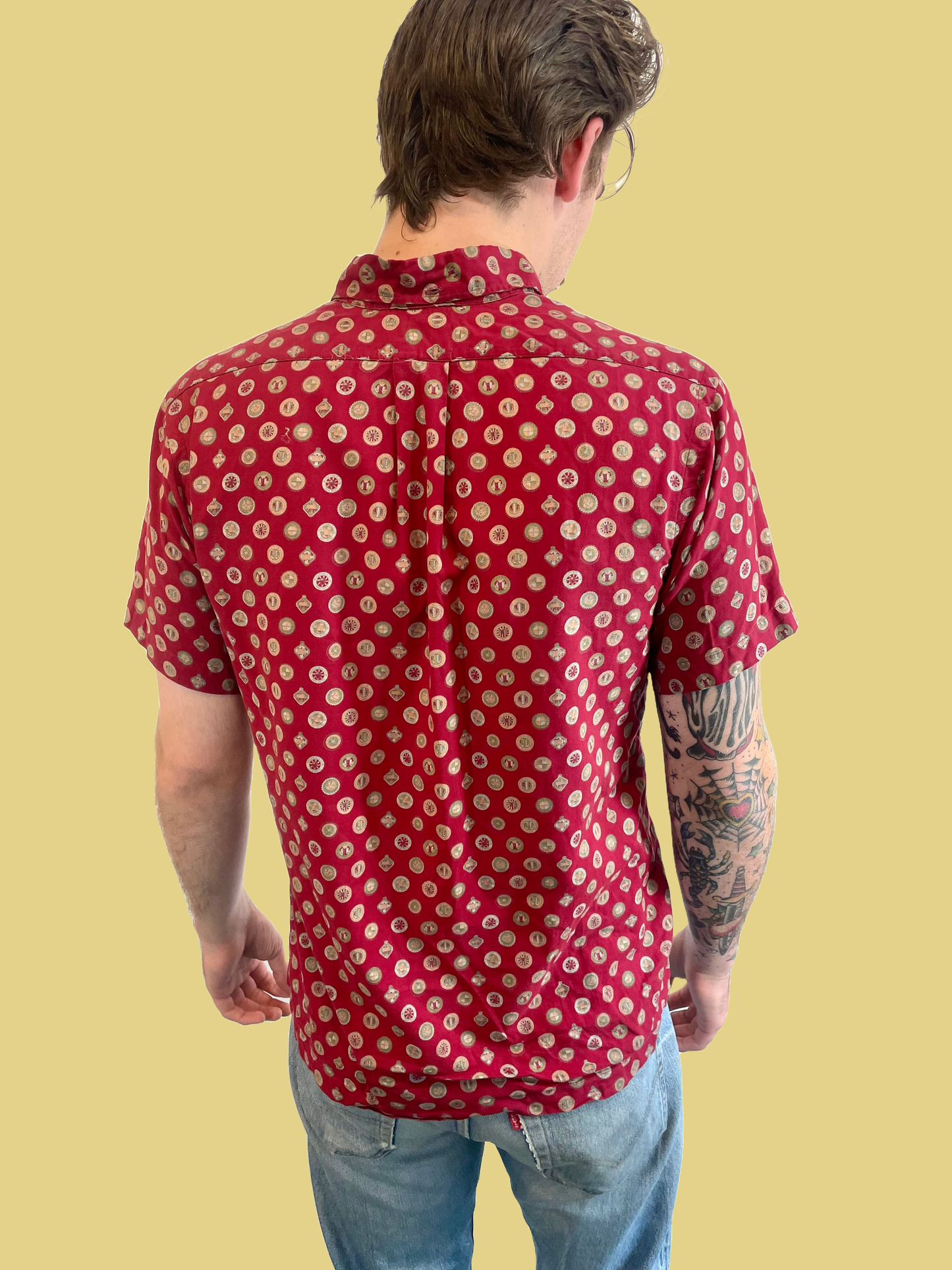 1950s Burgundy Medallion Cotton Oxford Popover Shirt