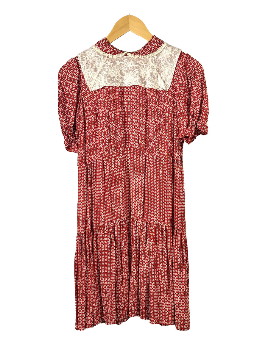 1930s-40s Brick Red Lace Accent Acetate Babydoll Dress