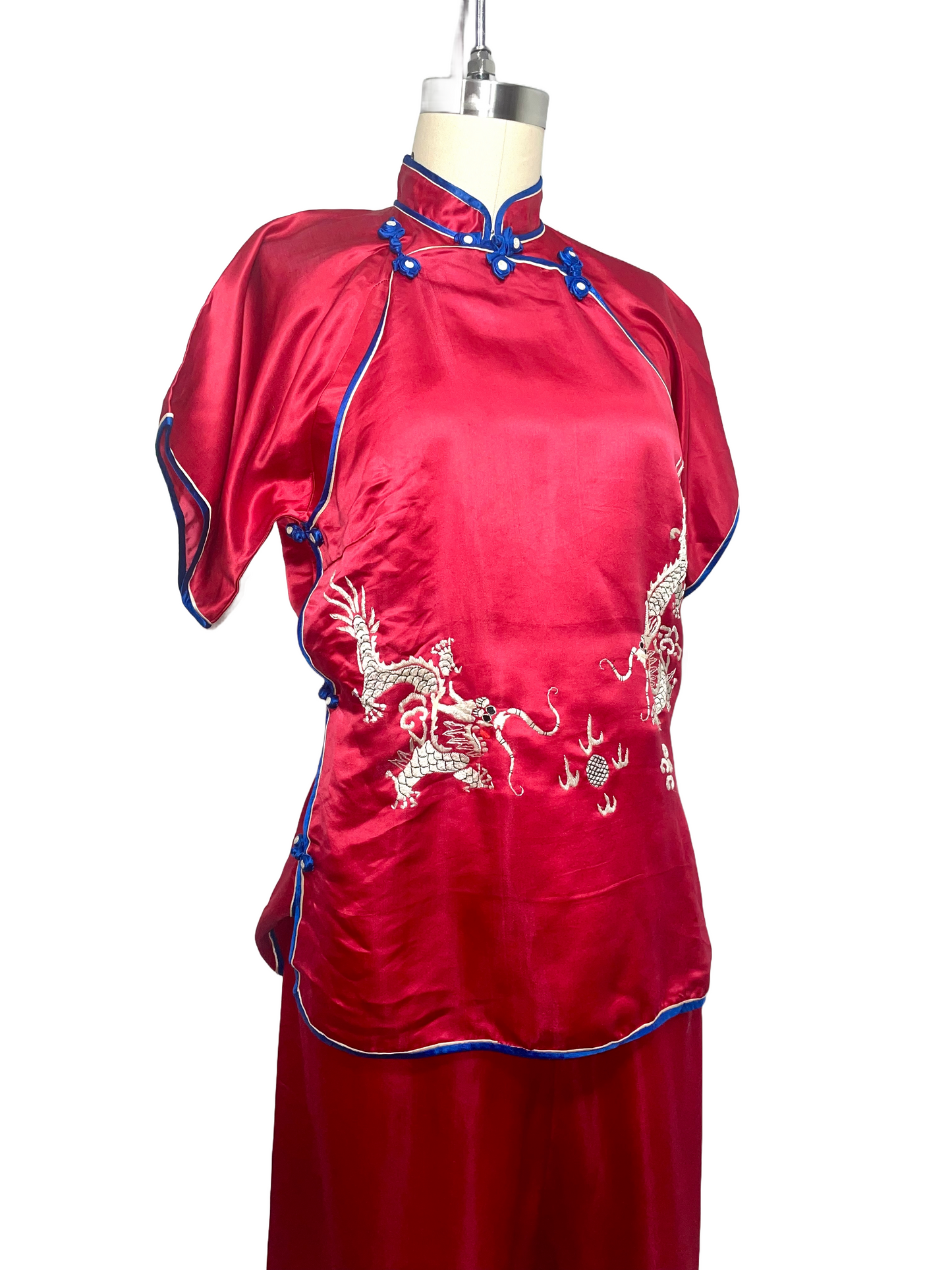 1950s Ruby Red Dragon Qipao Silk Satin Pajama Set