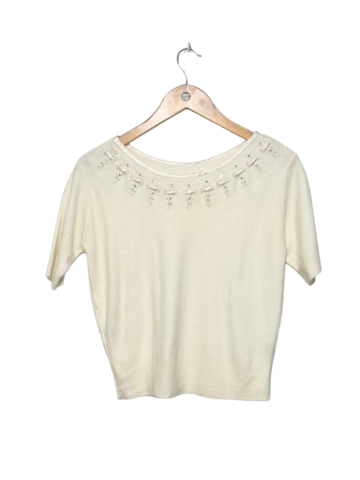 1950s White Beaded Short Sleeve Orlon Pinup Sweater