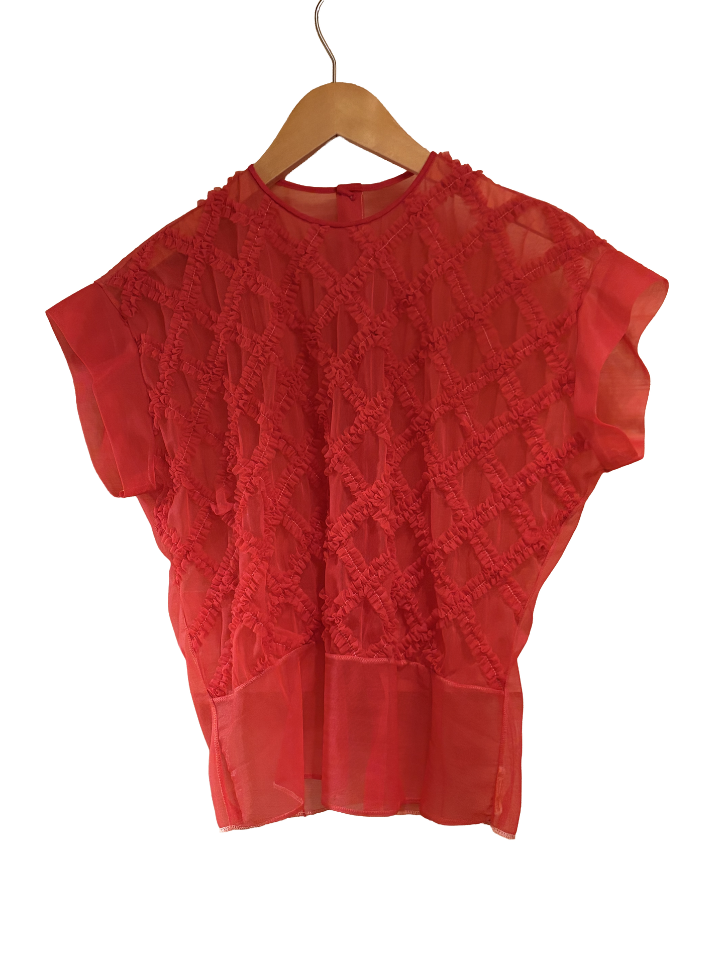 1960s Red Ruched Crosshatch Sheer Nylon Top