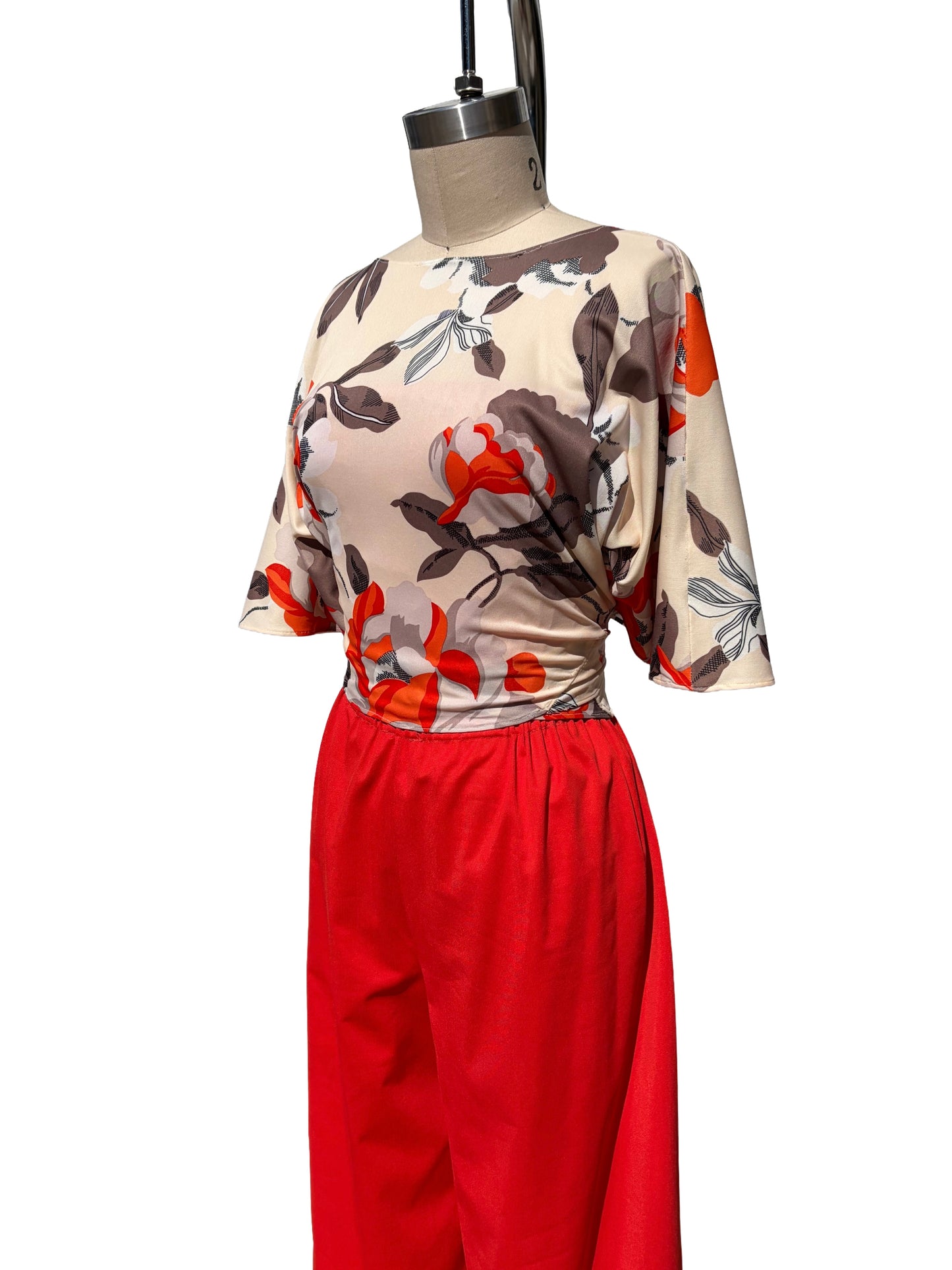 1970s Mandarin Orange Poly Wrap Poncho Top Strapless Jumpsuit Set
