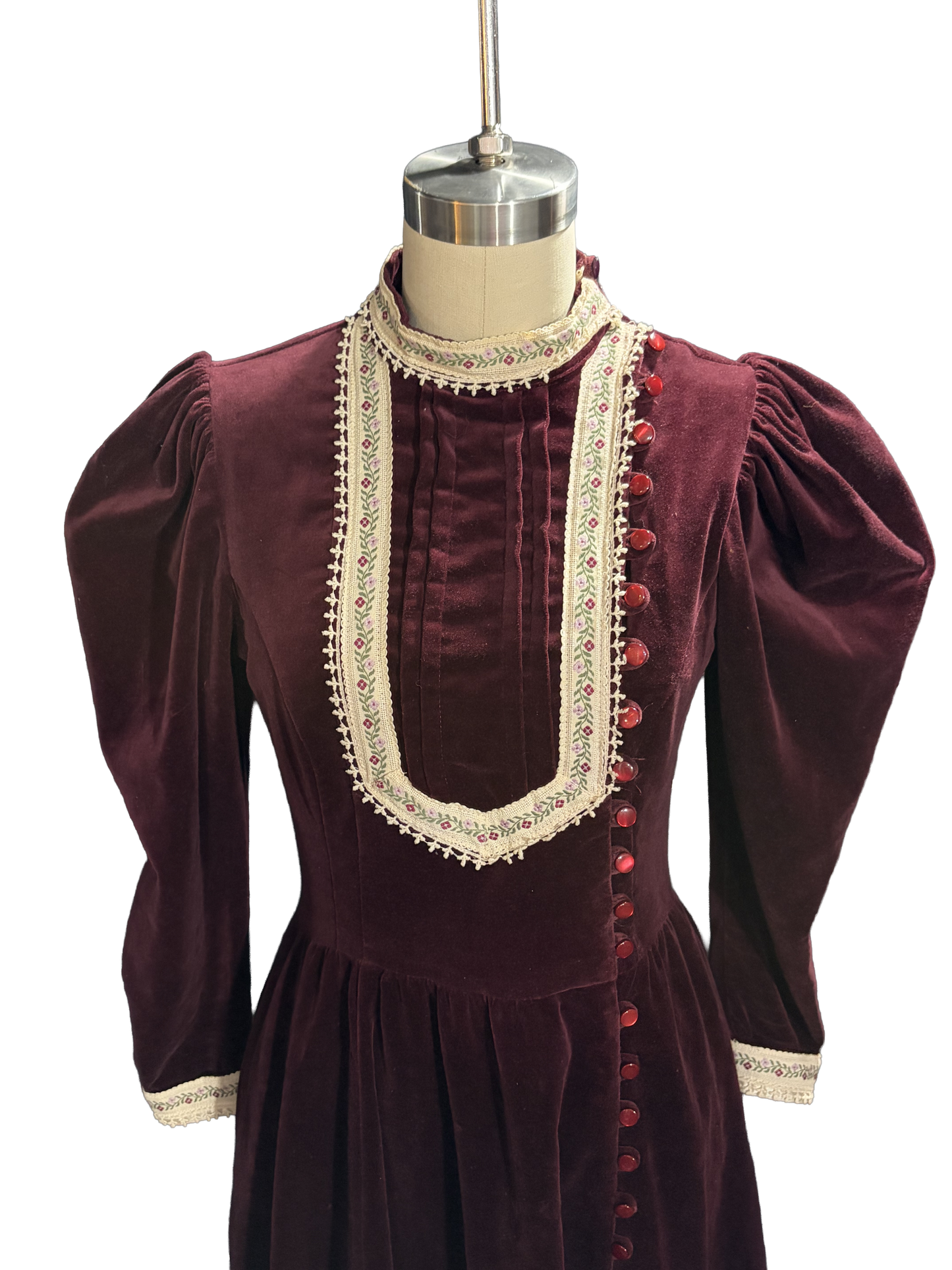 1970s Maroon Velvet Authentic Gunne Sax Edwardian-Inspired Prairie Dress