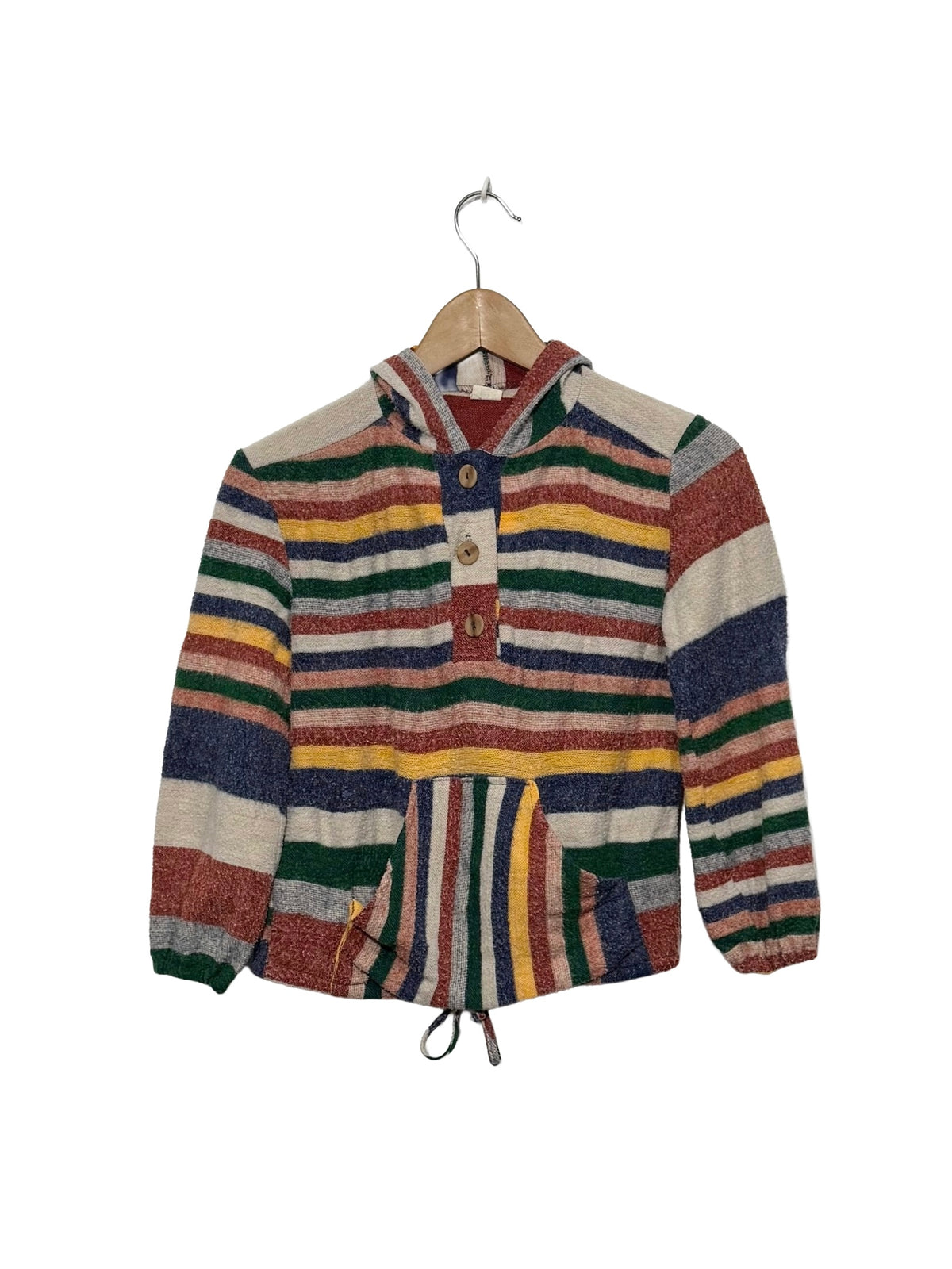 1970s Bold Primary Stripes Reverse Terry Drawstring Hoodie