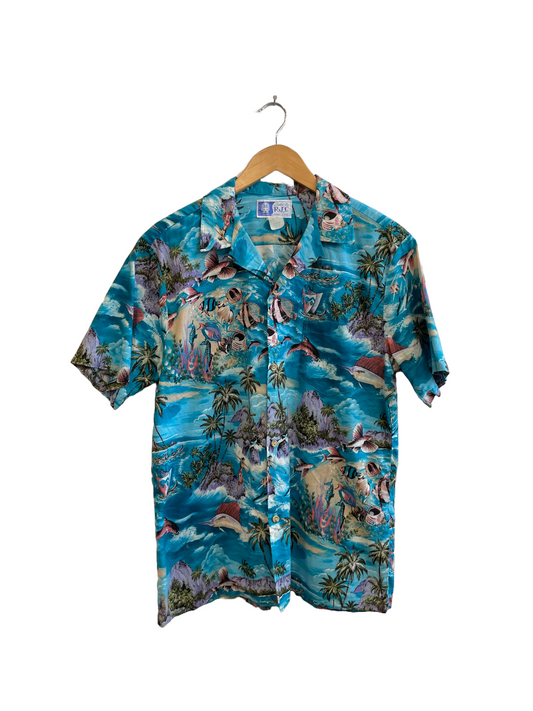 1990s Bold Blue Tropical Fish Fisherman Novelty Print Cotton Shirt