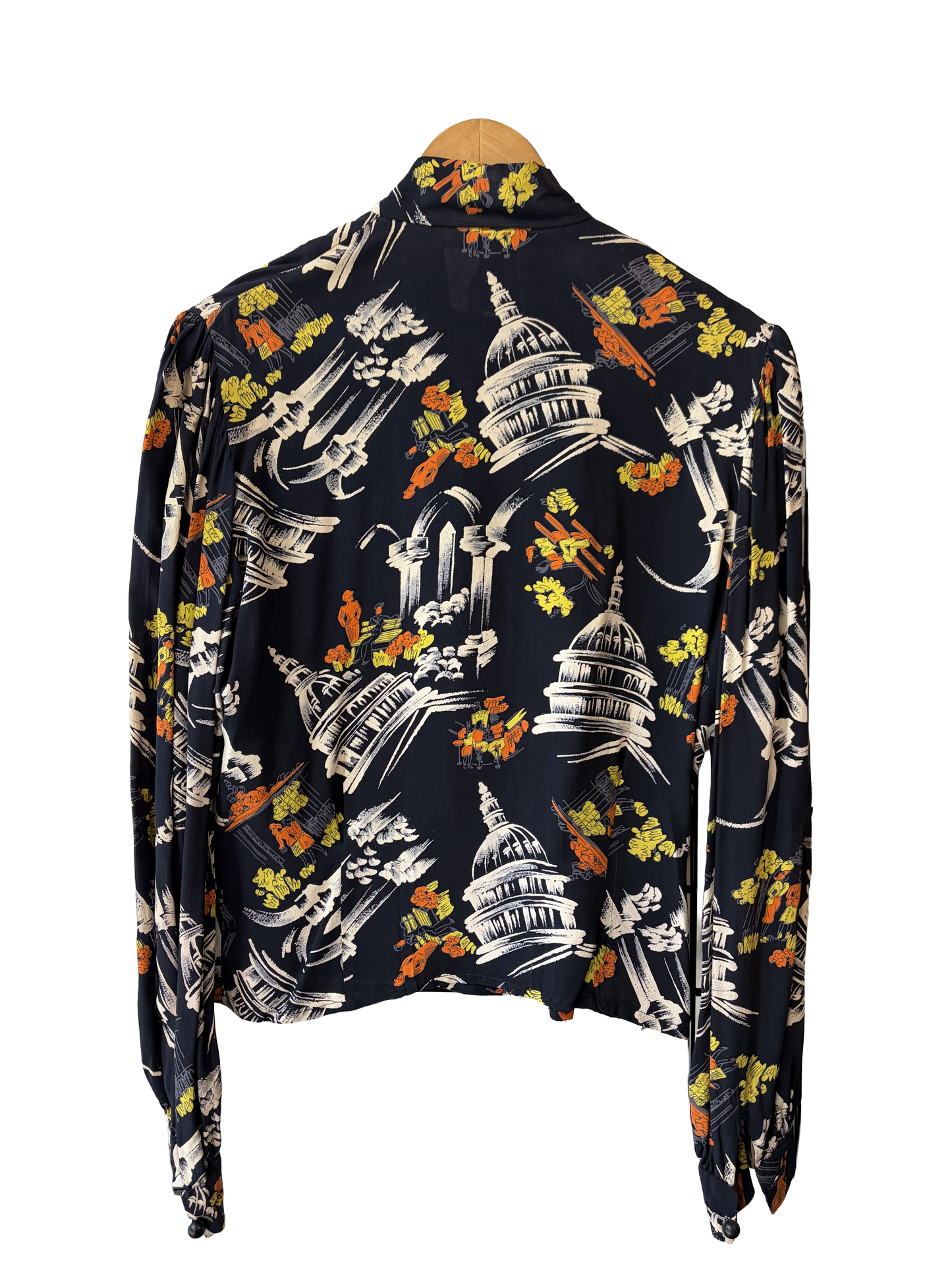 1940s Black Silk Rotunda Novelty Print Ruffle Scarf Blouse