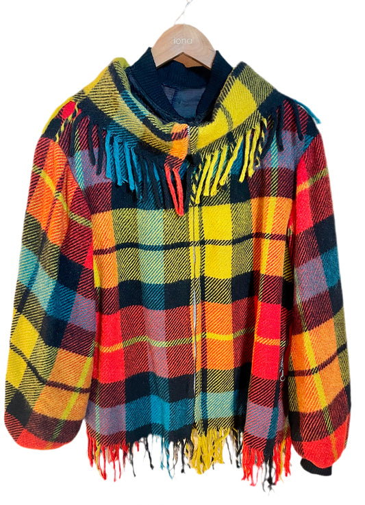 1970s Multicolor Wool Plaid Fringe Blanket Coat