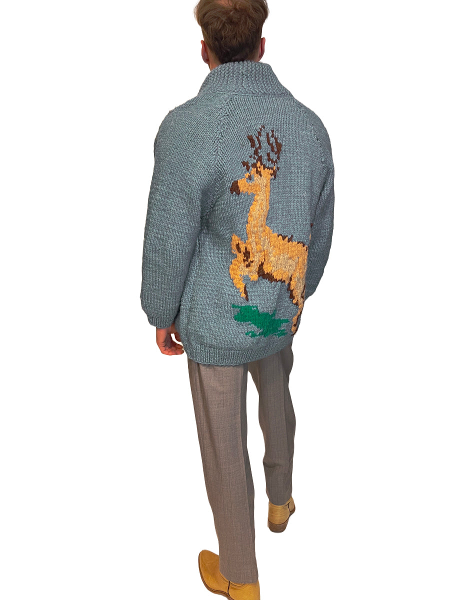 1960s Hand-Knit Wool Light Blue XL Buck Motif Zip Cowichan-Style Cardigan