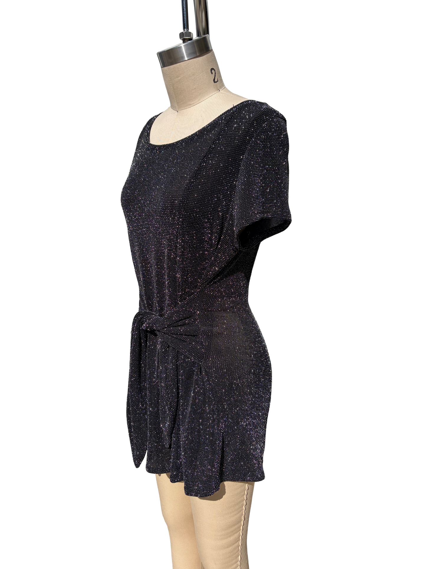 1990s Black Silver Slinky Sarong-Style Stretch Party Dress