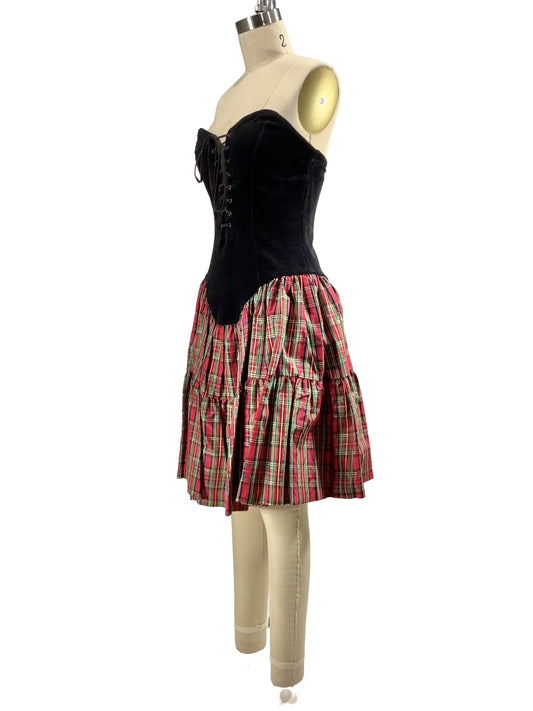 1980s Black Velour Plaid Taffeta Betsey Johnson Corset Dress