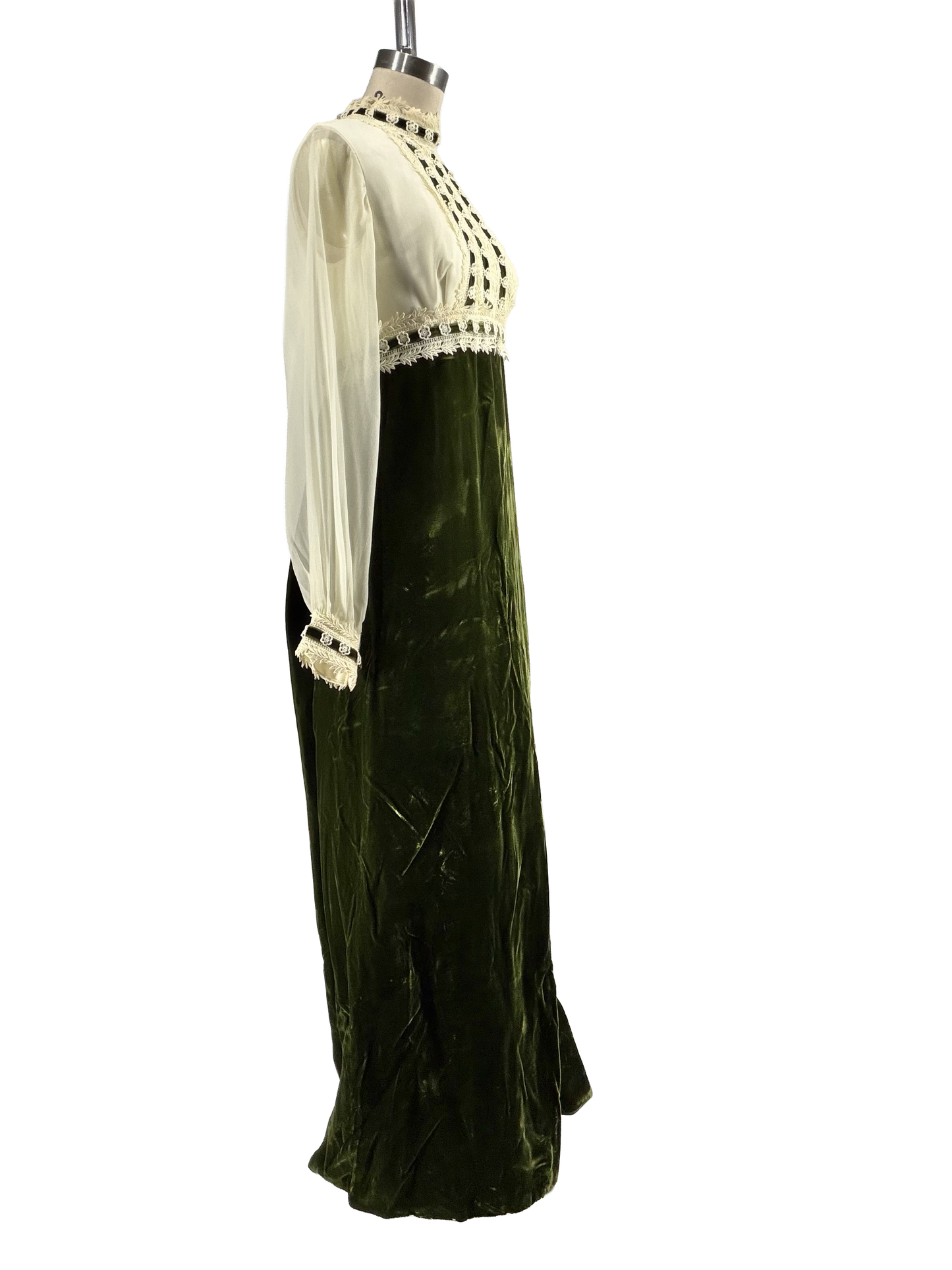 1960s Ivory Chiffon Emerald Velvet Baroque-Inspired Gown