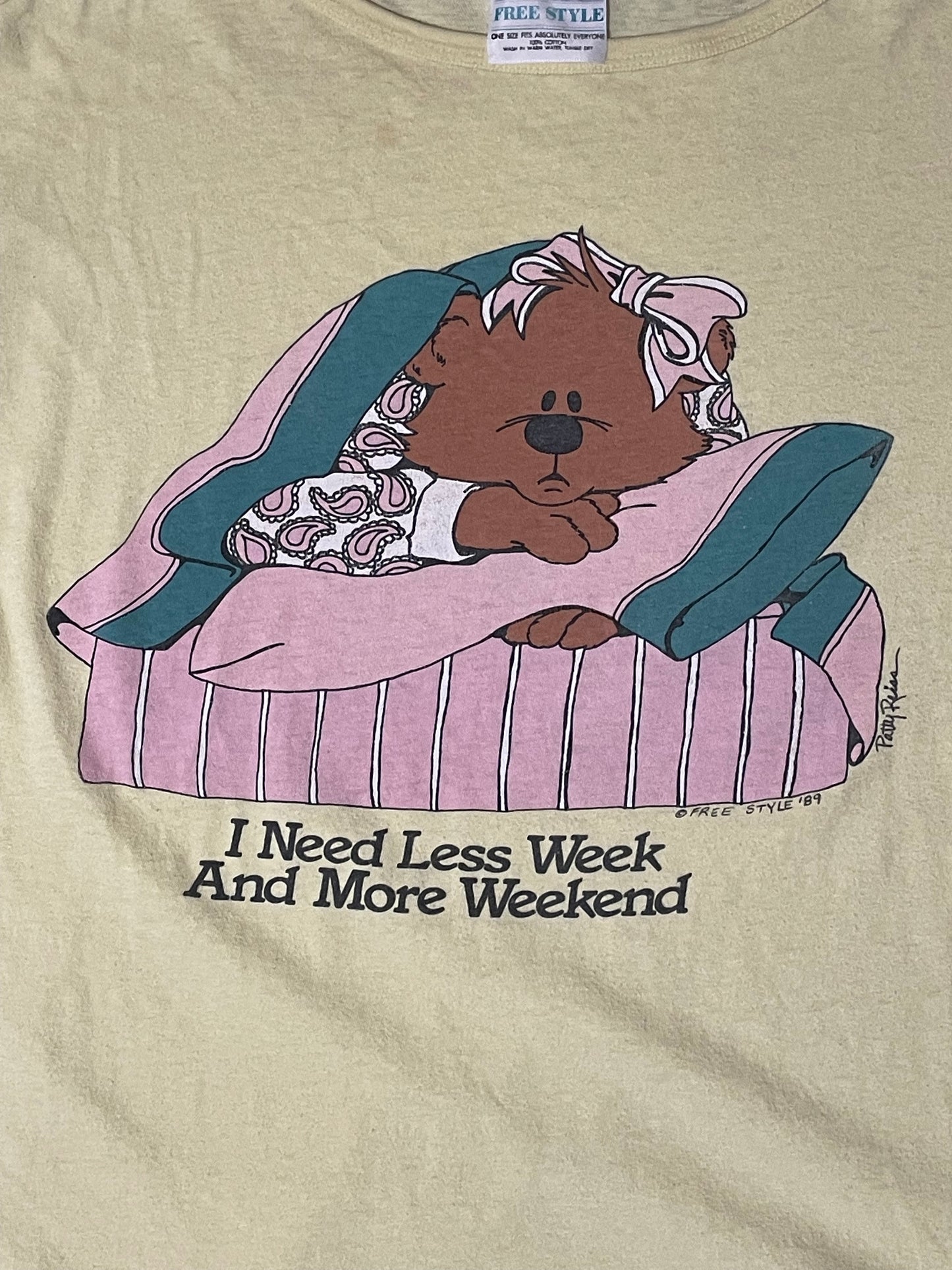 1980s Pale Yellow ‘Need More Weekend’ Bear PJ Tee