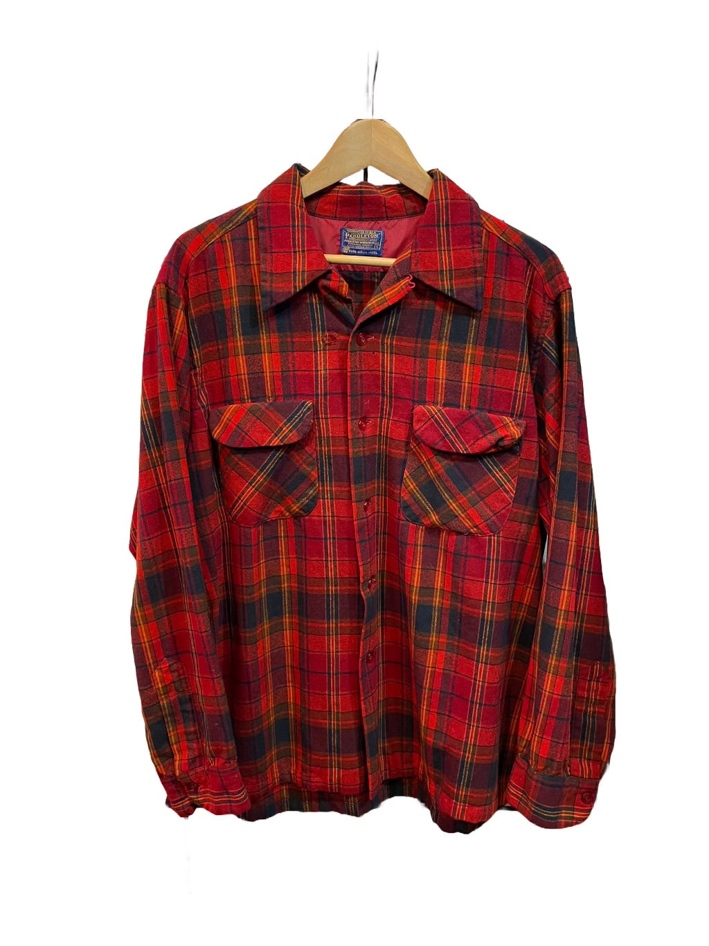 1970s Red Black Yellow Pendleton Wool Loop Collar Flannel