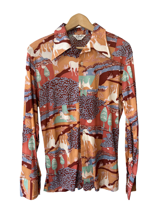 1970s Copper Tones Unicorn Print Nylon Leisure Men’s Shirt