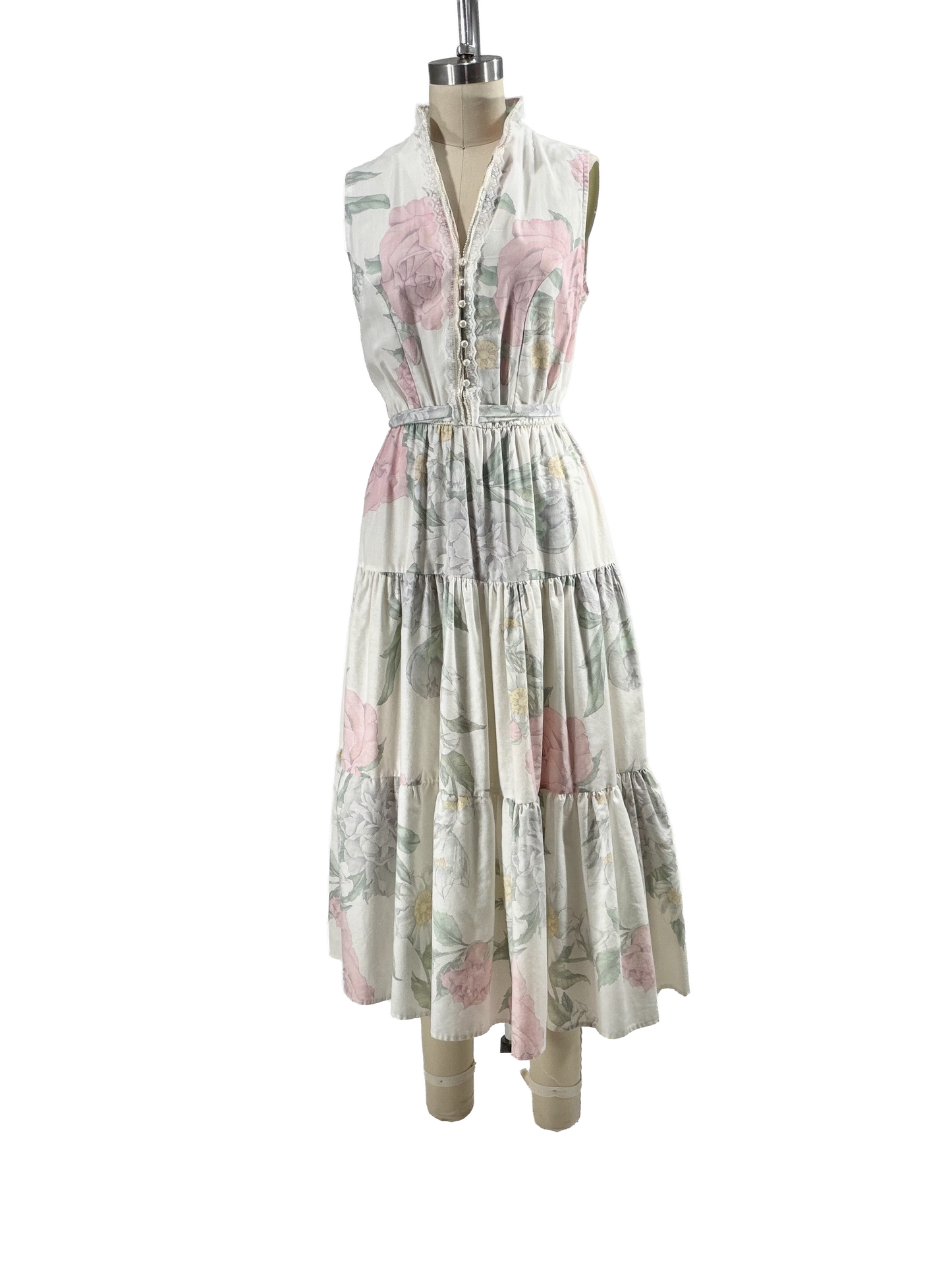 1980s White Floral Lace Pearly Trim Cotton Summer Dress