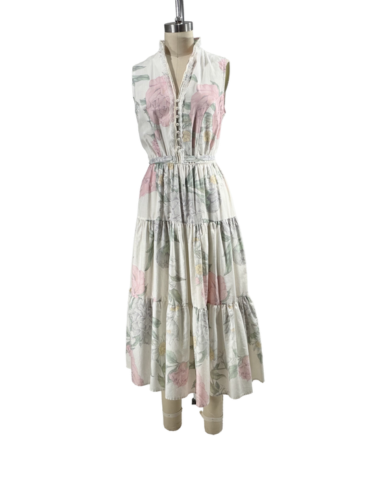 1980s White Floral Lace Pearly Trim Cotton Summer Dress
