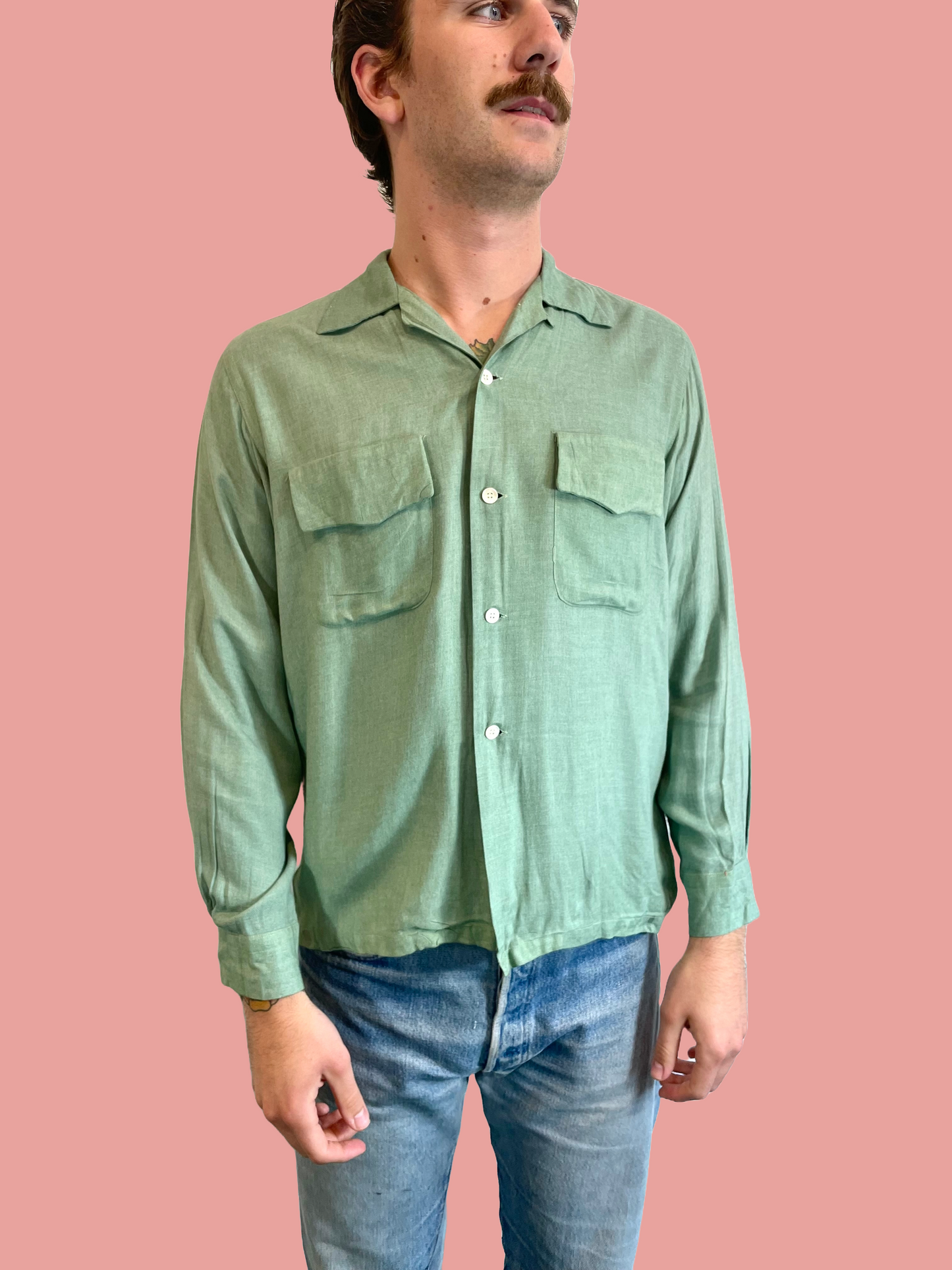 1950s XL Moss Green Gabardine Rayon Satin-Yoke Loop Collar Shirt