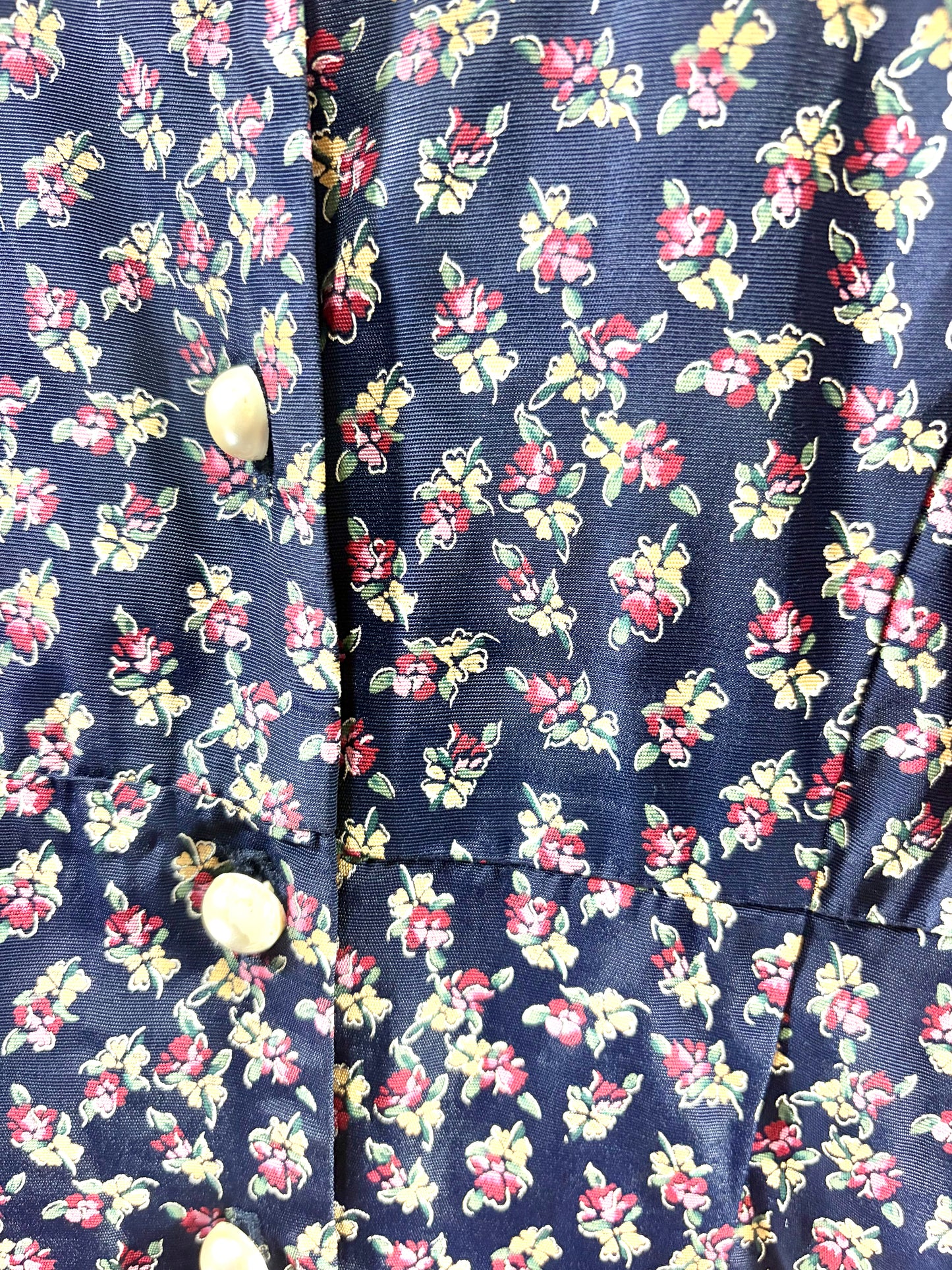 1990s Navy Floral Acetate Pearly Button Mini Dress