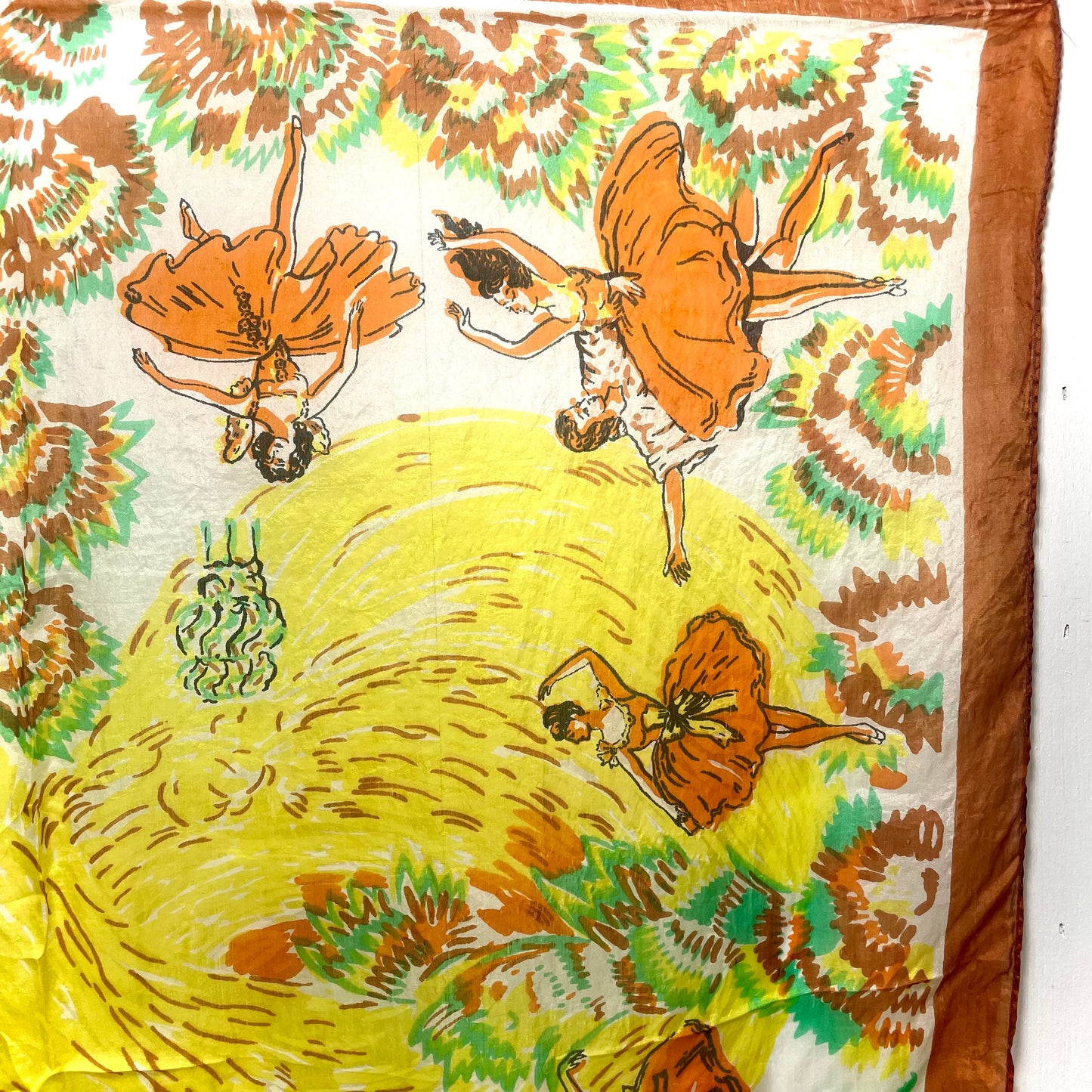 1940s French Ballet Orange Yellow Lightweight Silk Scarf