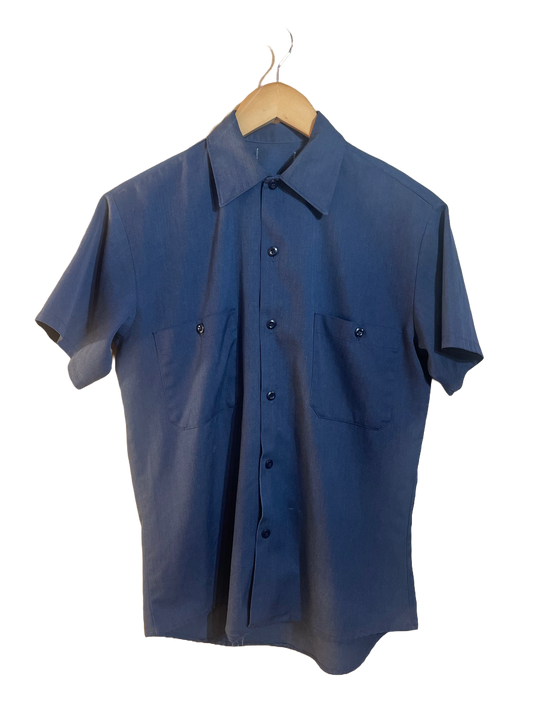 1980s Deep Blue Soft Poly-Cotton Workwear Uniform Shirt